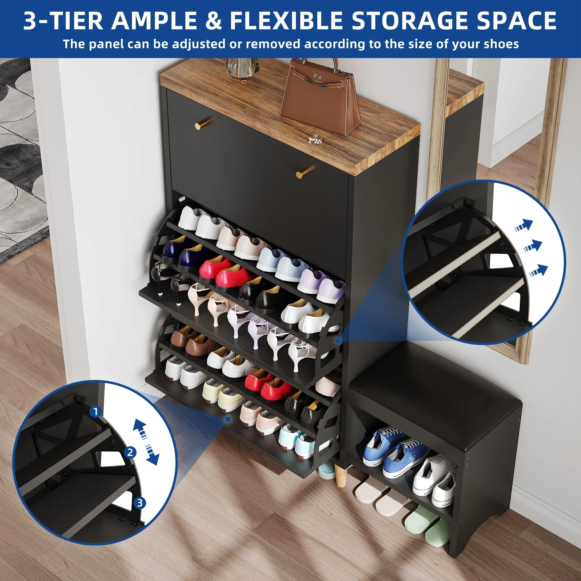 Moasis 36 Pair Shoe Storage Cabinet with 3 Flip Drawers and Shoe Bench