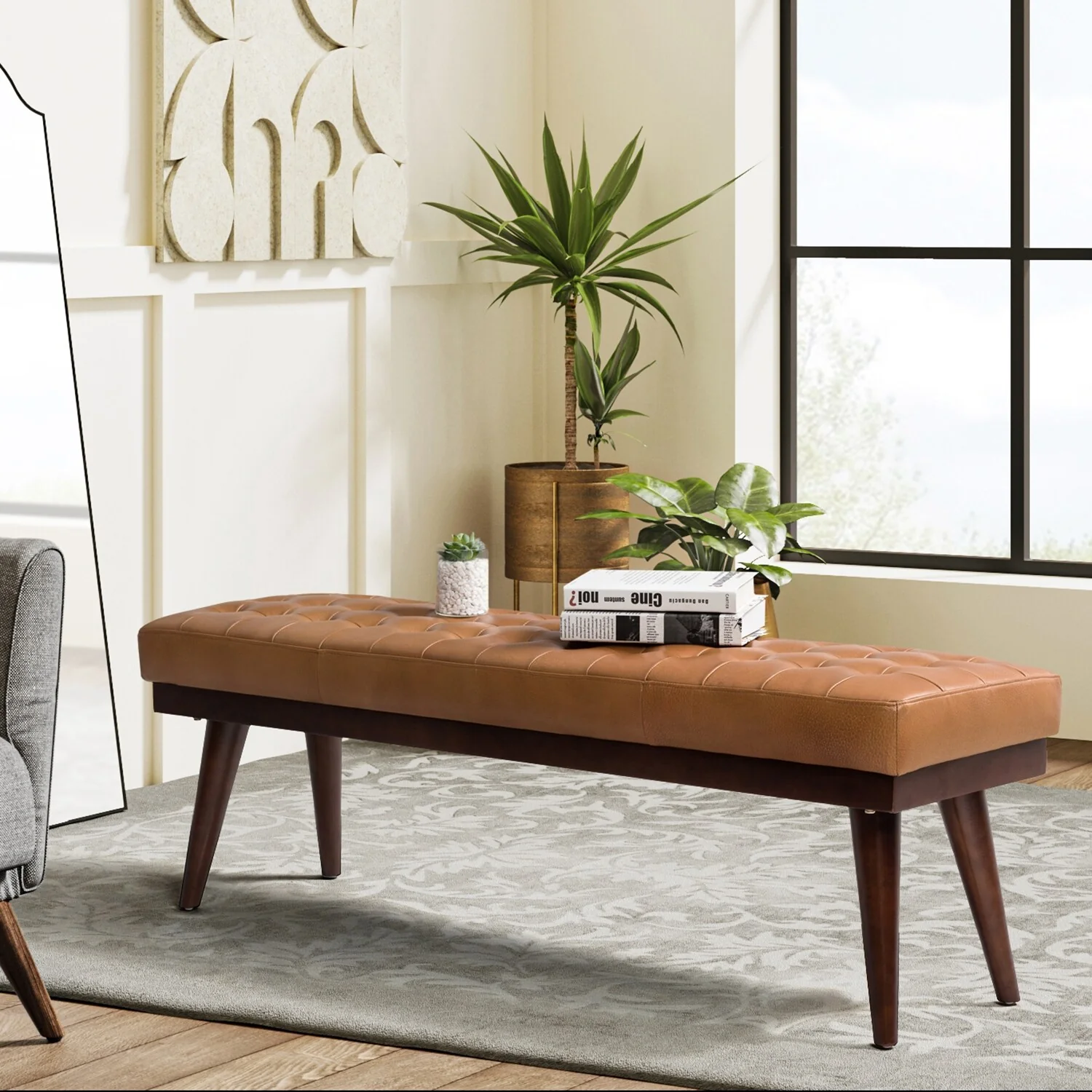 Felisa Modern Genuine Leather Tufted Bench With Solid Wood Base By HULALA HOME