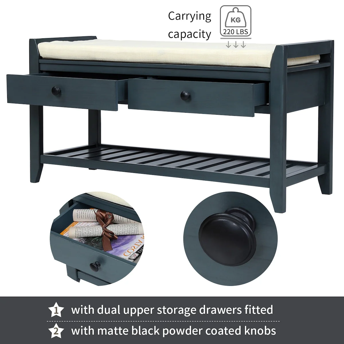 Modern Multipurpose Entryway Storage Bench With Upholstered Seat and Drawers