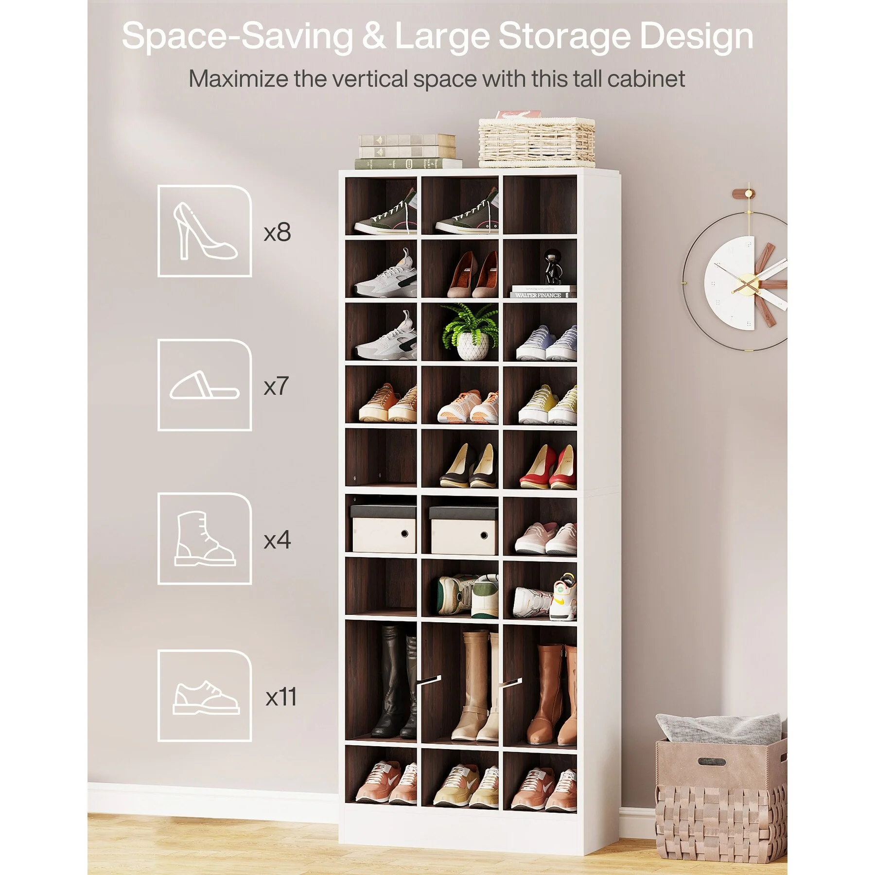 70.9 Inches Tall Wood Shoe Storage Cabinet with 30 Cubbies - 10-tier