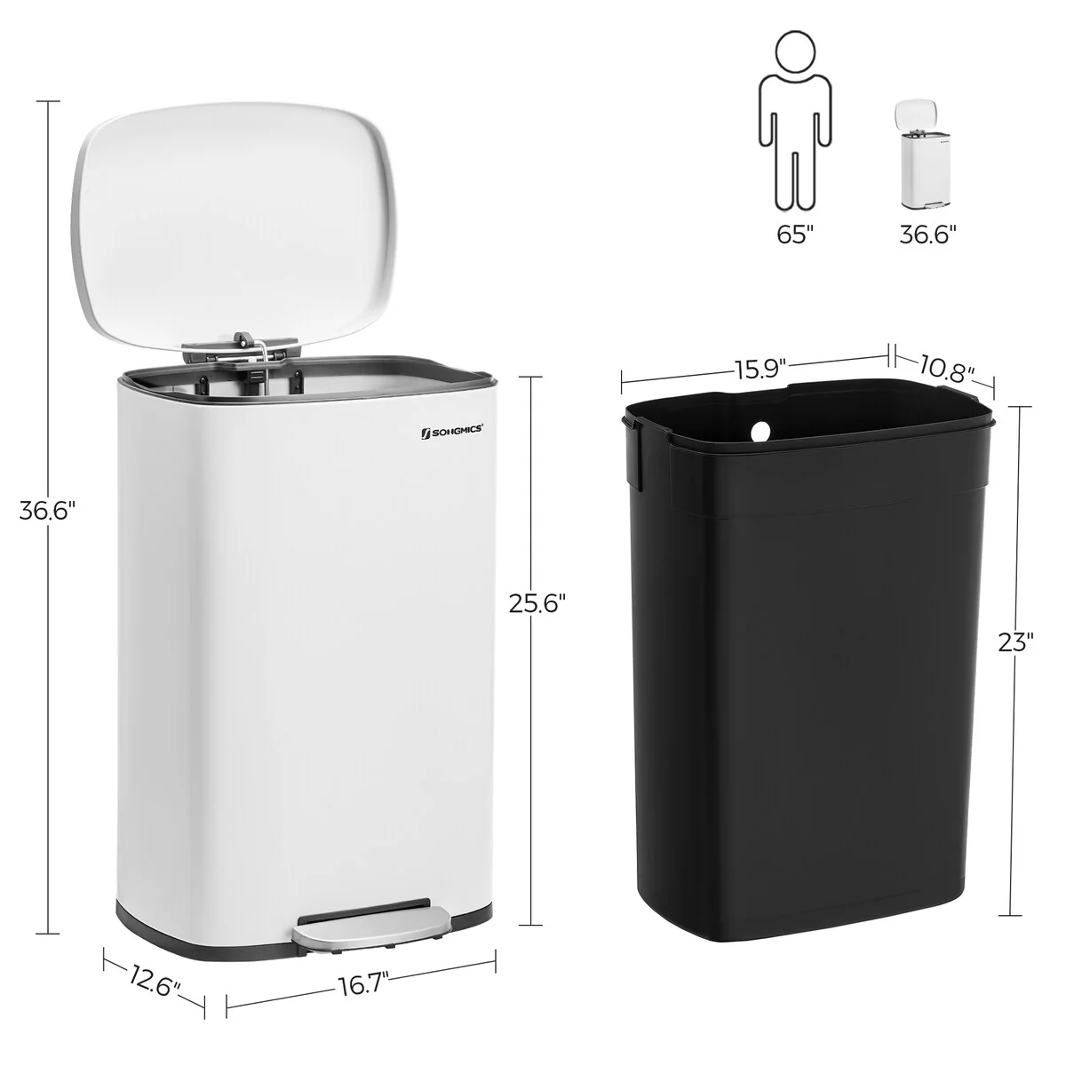 SONGMICS 13.2 Gallon Trash Can, Stainless Steel Garbage Can, White