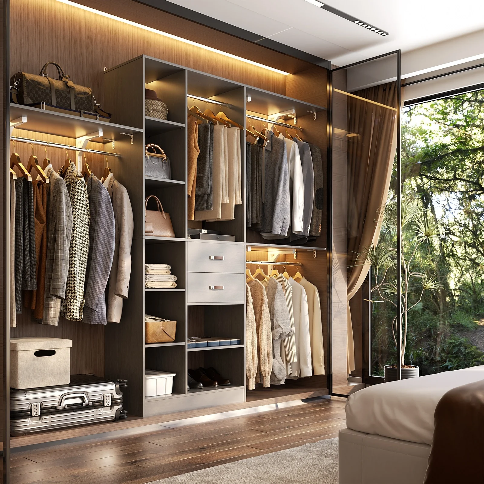 31.5'' to 96'' W Closet Organizer System with Drawers and Tower Shelves for Reach-in and Walk-in Closet