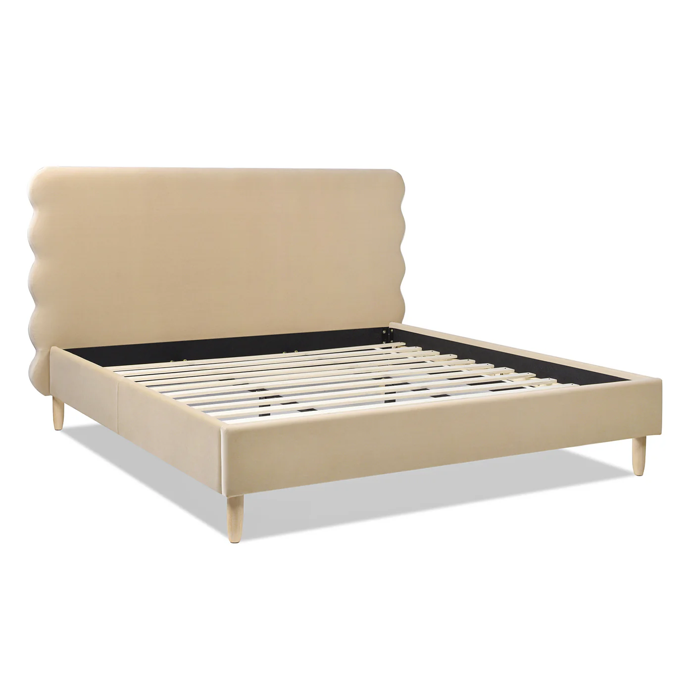 Essencee Upholstered Platform Bed with Wavy Headboard and Wood Legs