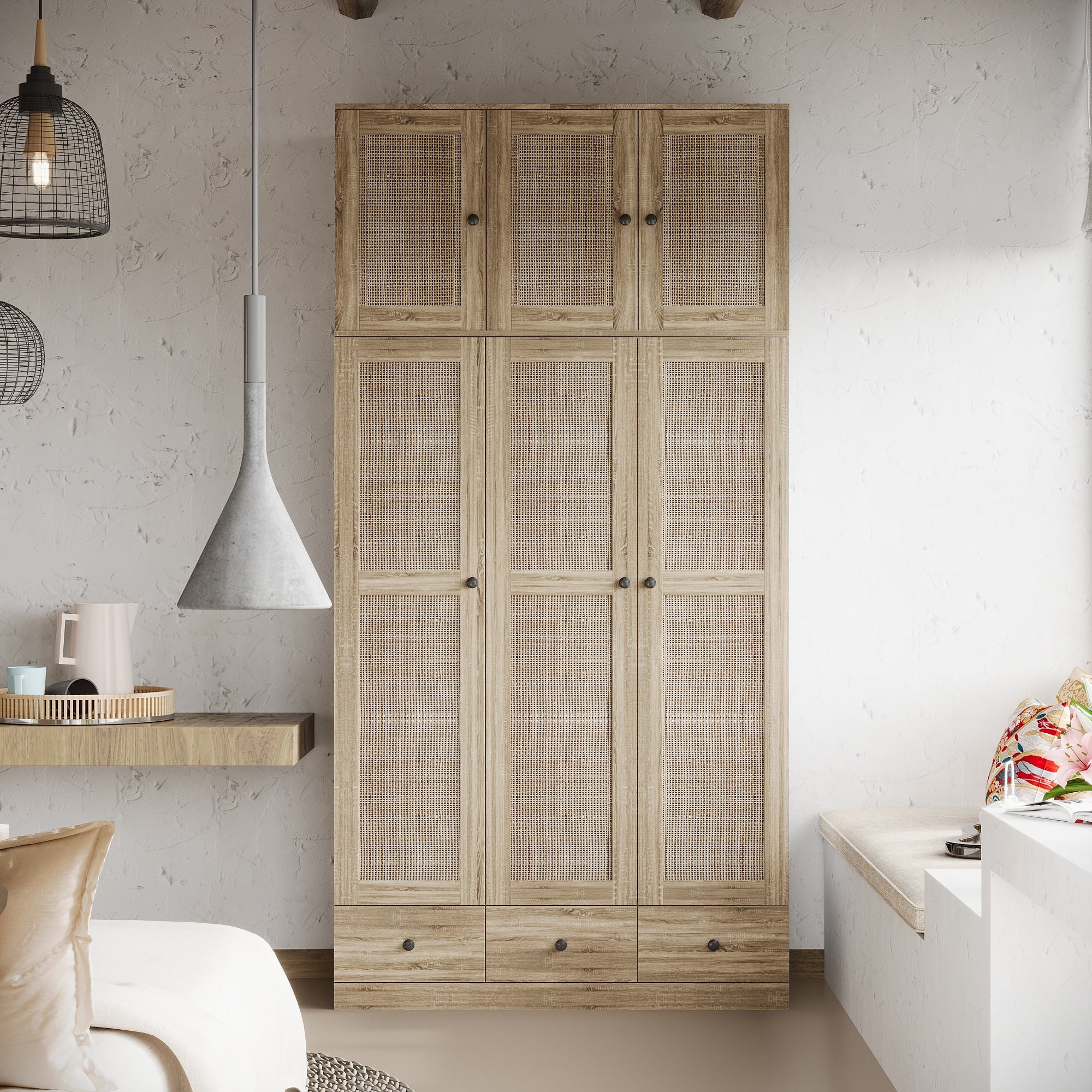 Large Storage Wardrobe Versatile Rattan Door Closet with Deep Drawers