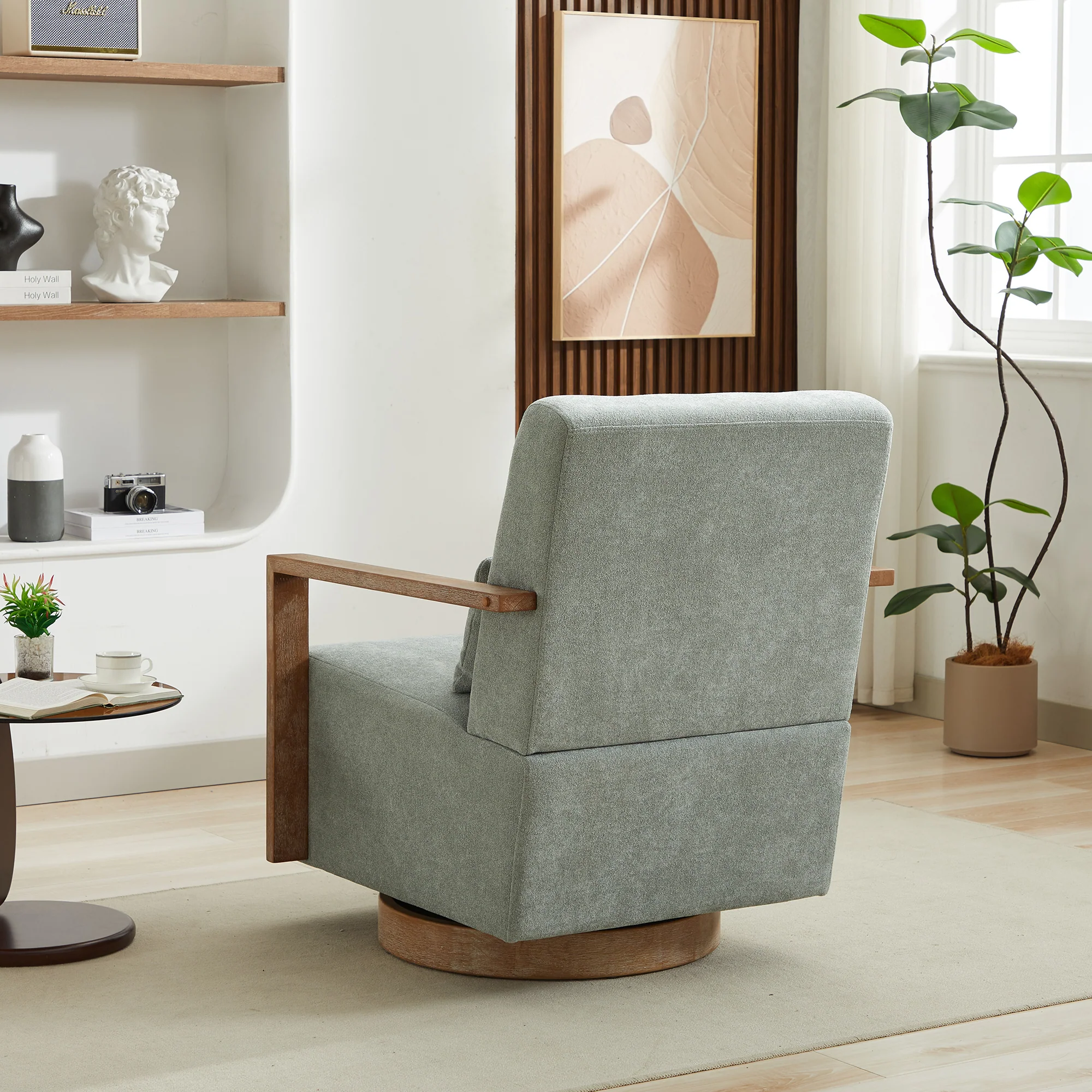 Upholstered Swivel Chair with Open Arms Design and Wood Base