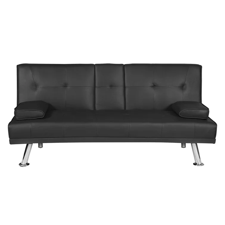 Janni 66'' Wide Faux Leather Cushion Back Convertible Sofa with Cup Holder