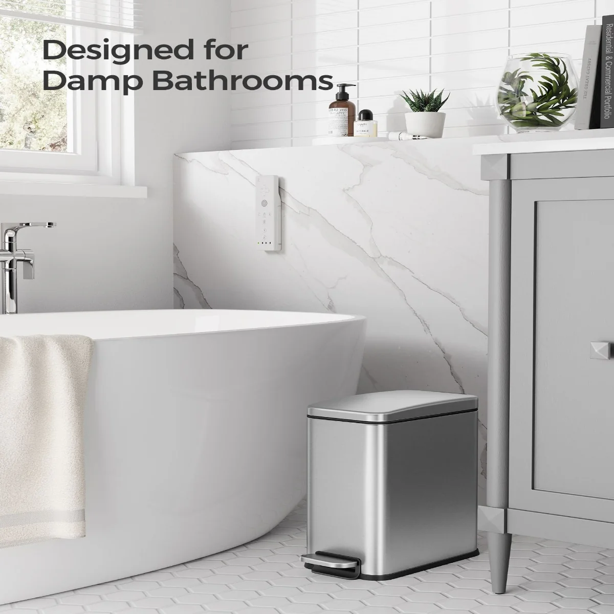 Stainless Steel Slim Bathroom Trash Can with Soft-Close Lid and Plastic Removable Inner Bucket