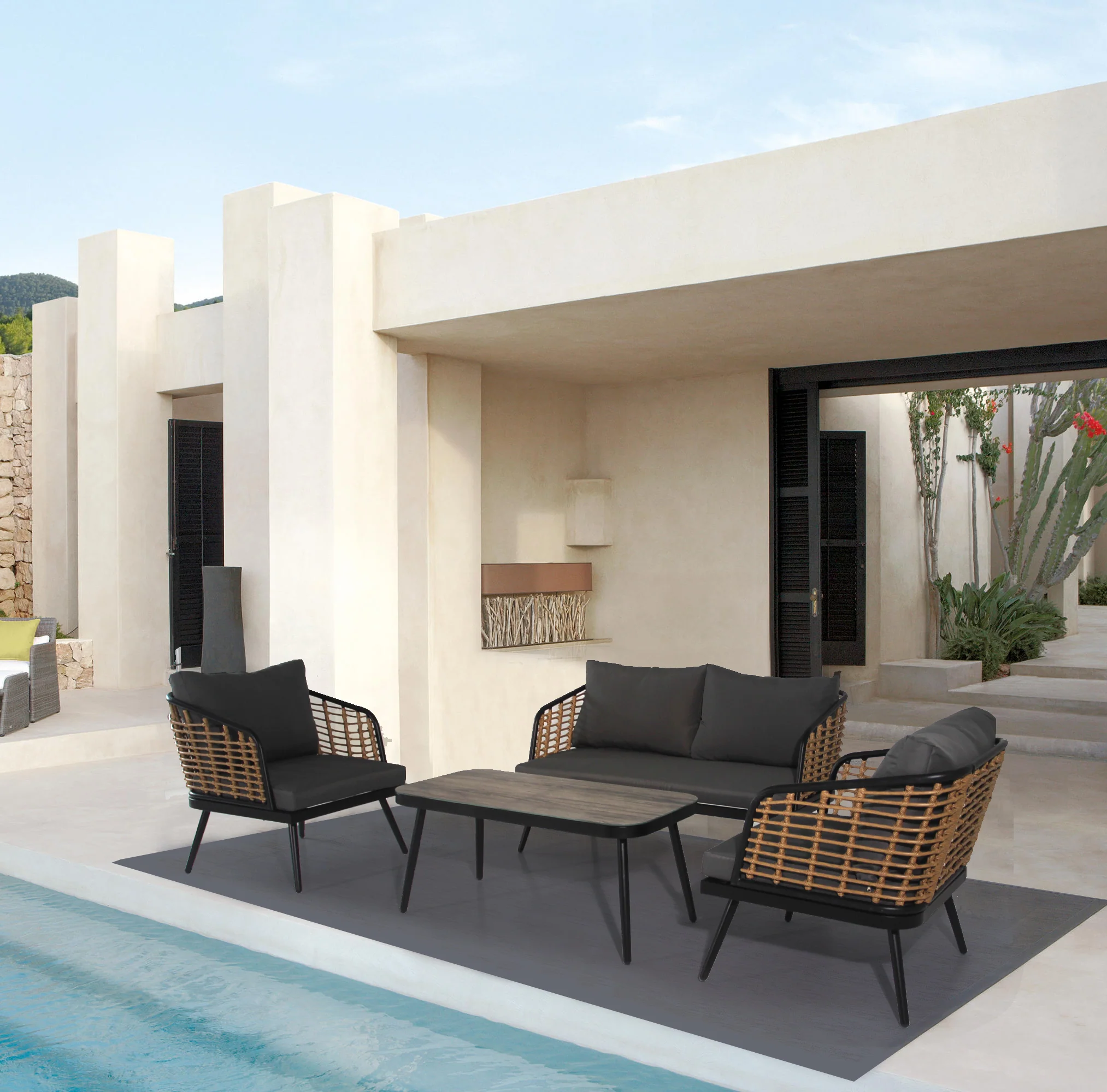 4-Piece Patio Set with Coffee Table, Loveseat and 2 Single Sofas