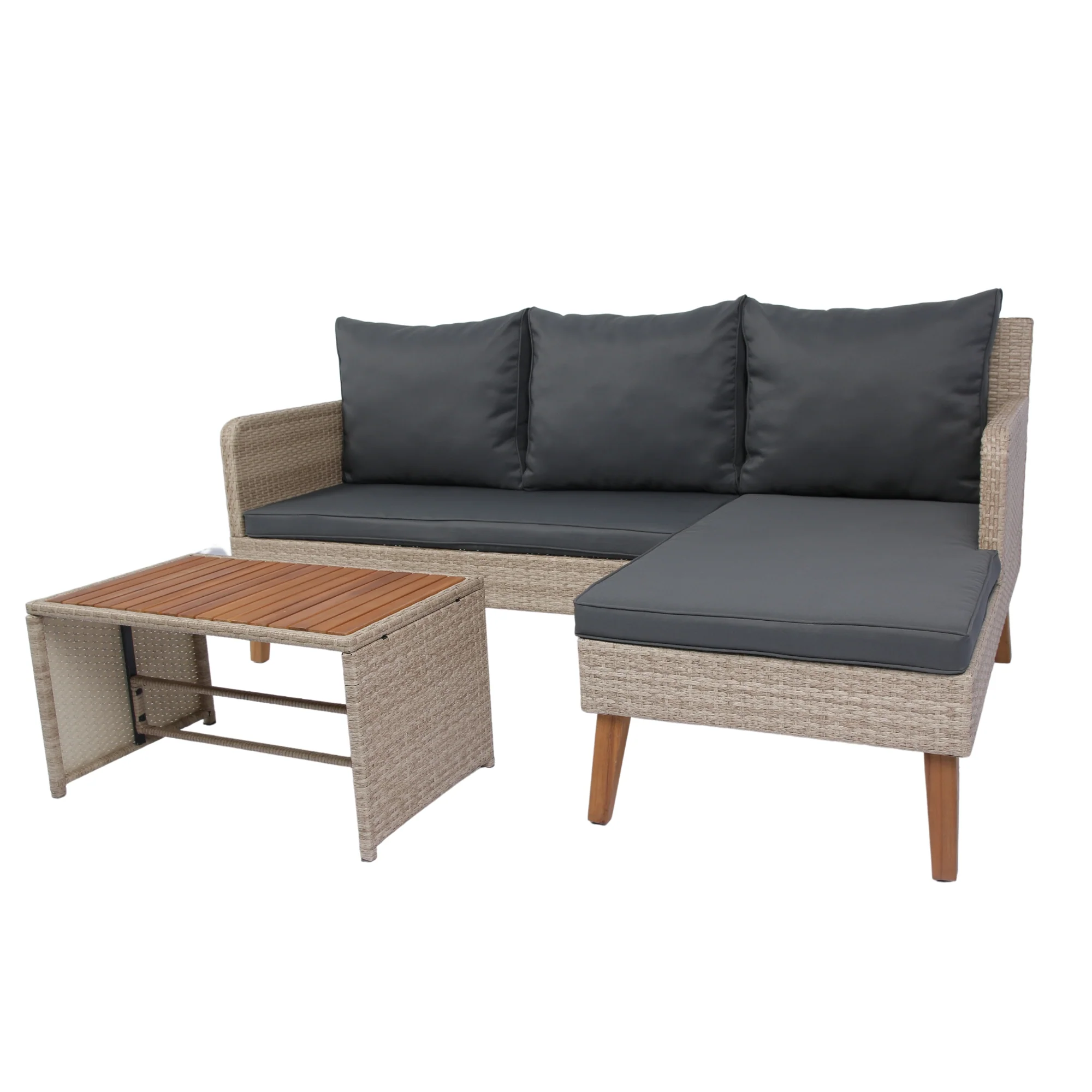 3-Piece Patio Set with Wicker Sofa and Wood Table