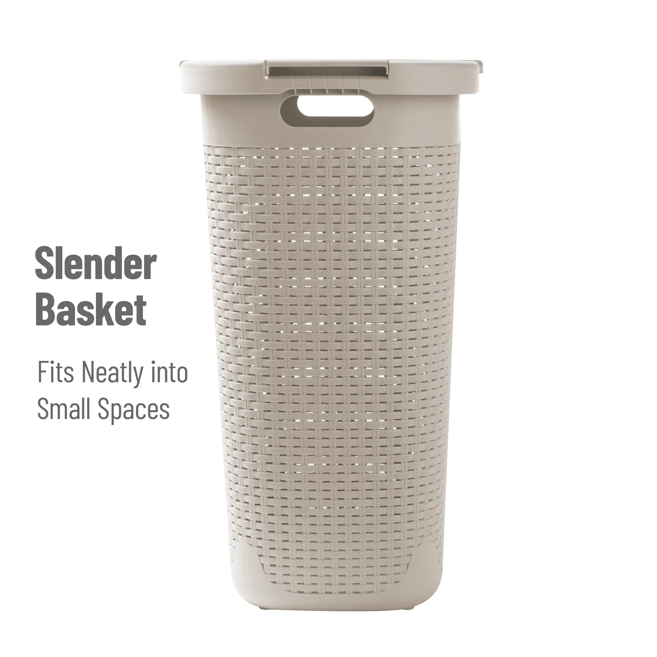 Mind Reader 60L Slim Laundry Hamper, Clothes Basket, Lid, Wicker Design, Plastic, 17.65