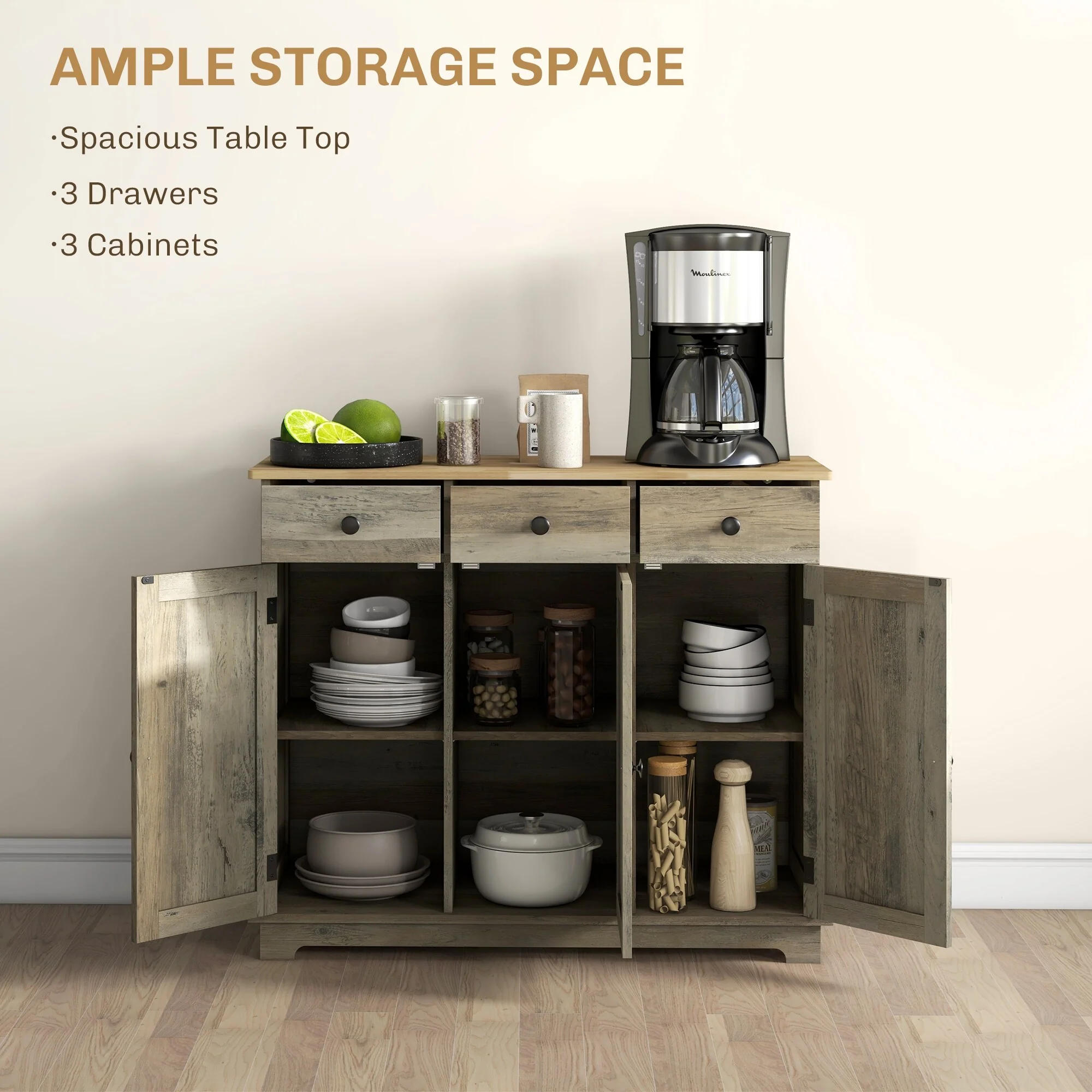 HOMCOM Sideboard with Solid Wood Countertop, Modern Kitchen Storage Cabinet, Coffee Bar Cabinet with 3 Drawers