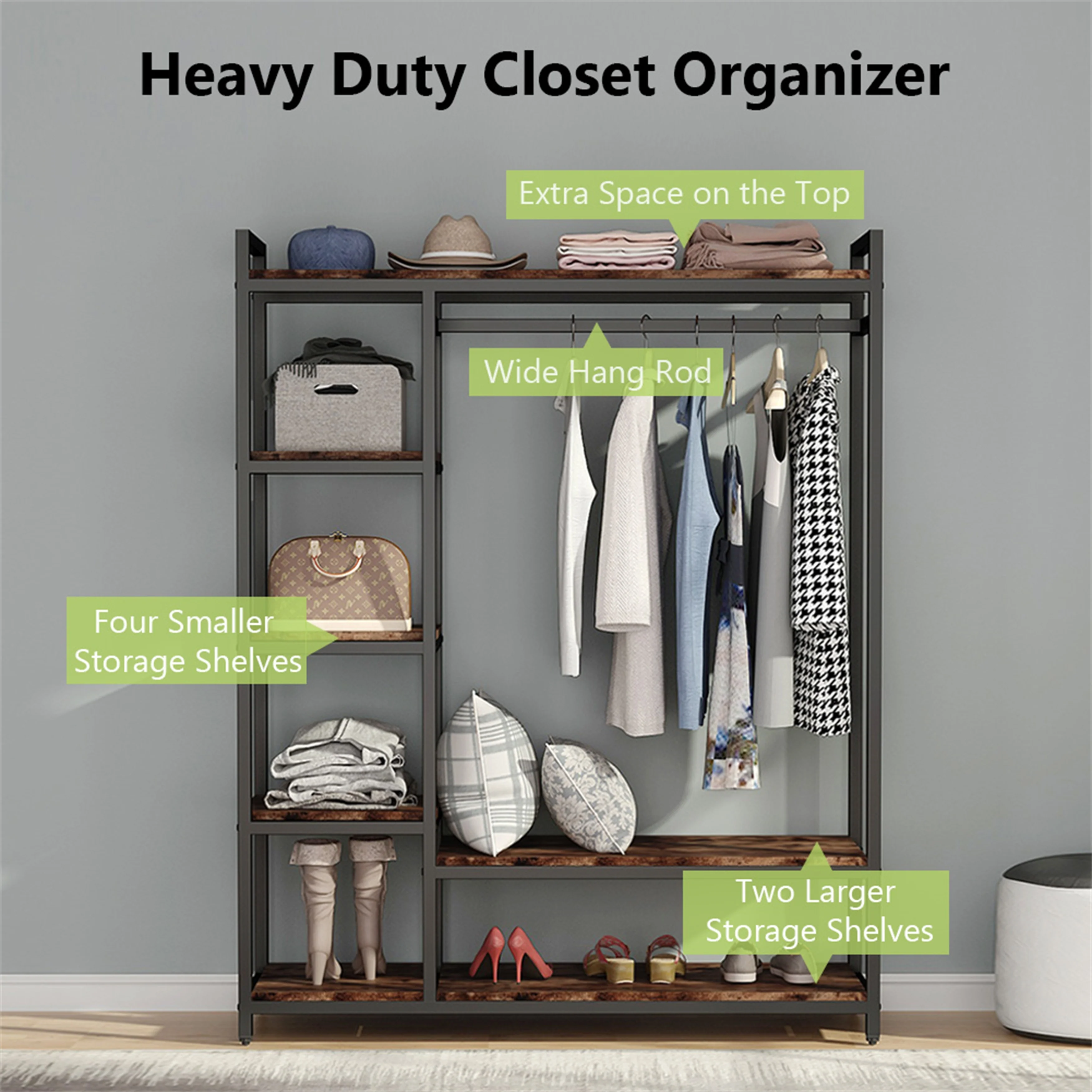 Black/ White Modern Clothes Garment Rack,Metal and Wood Closet Rack Closet Organizer System with Hanging Rod and Shelf