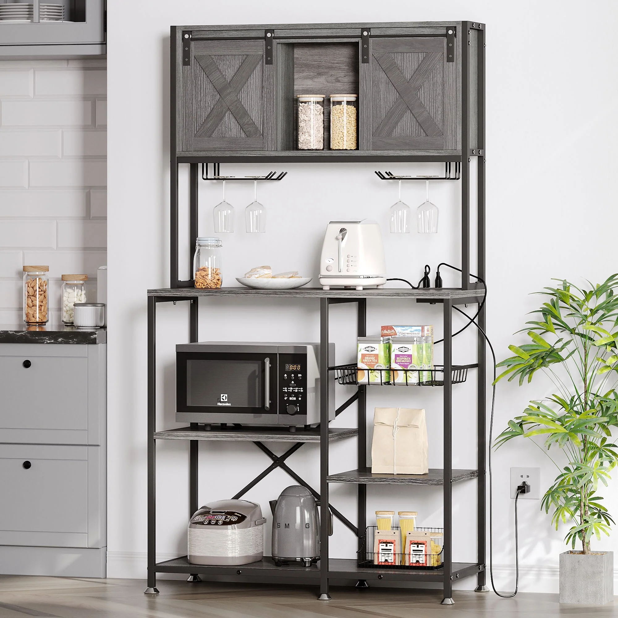 6-Tier Bakers Rack with Power Outlets Coffee Bar Station with Wine Glass Holder and Microwave Oven Stand