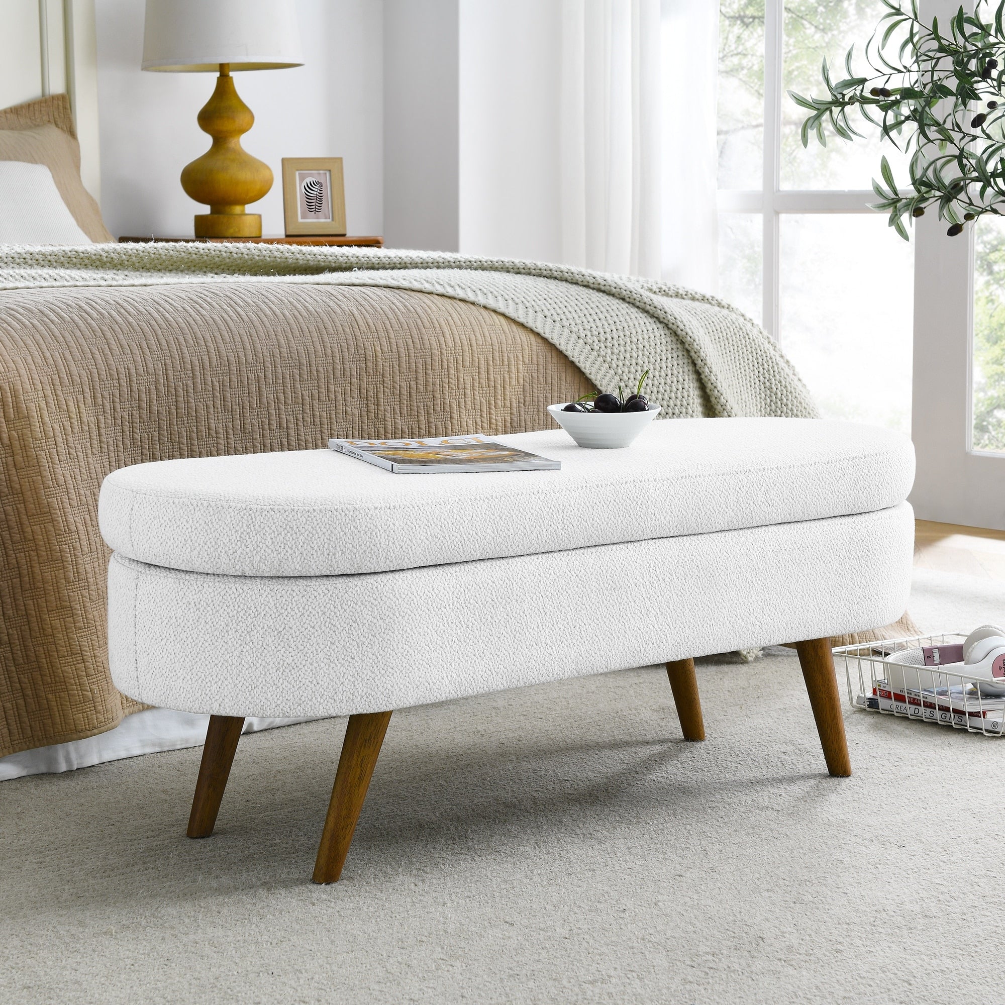 Ottoman Oval Storage Bench,Rubber Wood Legs, Beige