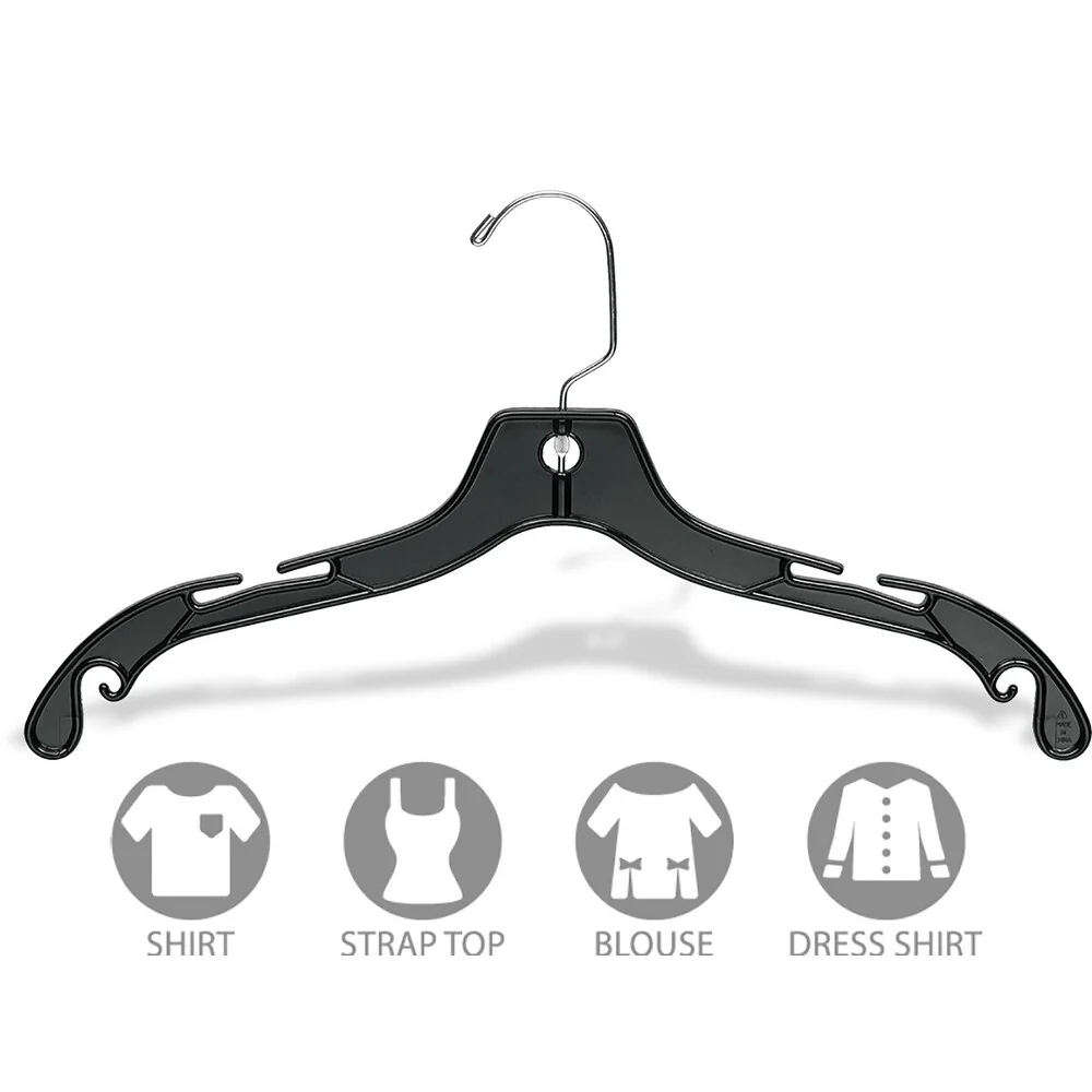Black Plastic Top Hangers with Chrome Swivel Hook, Set of 100