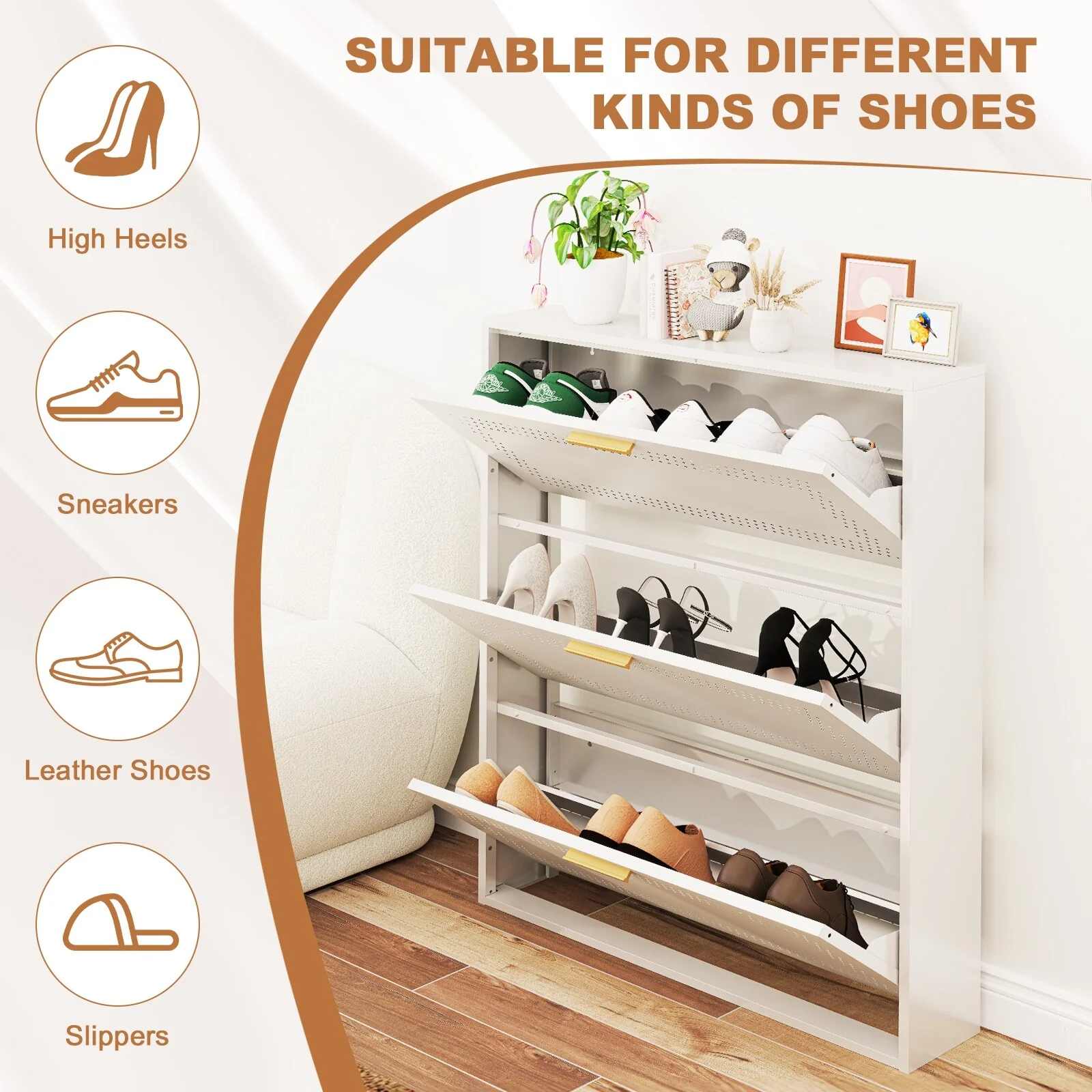 Metal Shoe Storage Cabinet with 3/4 Flip Drawers, Breathable & Space Saving