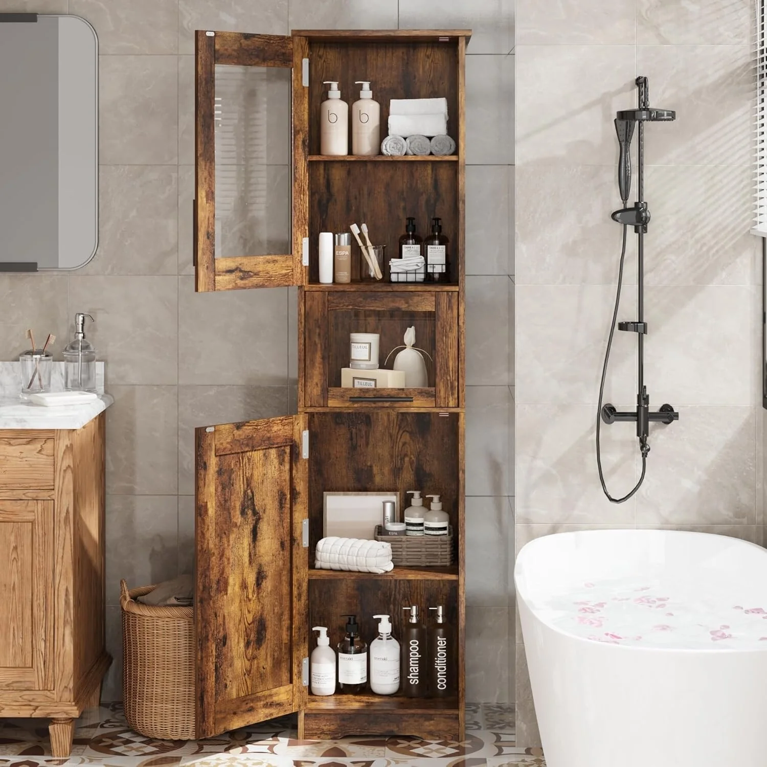 Tall Bathroom Cabinet, Linen Storage Cabinet with Doors and Adjustable Shelves and Drawer