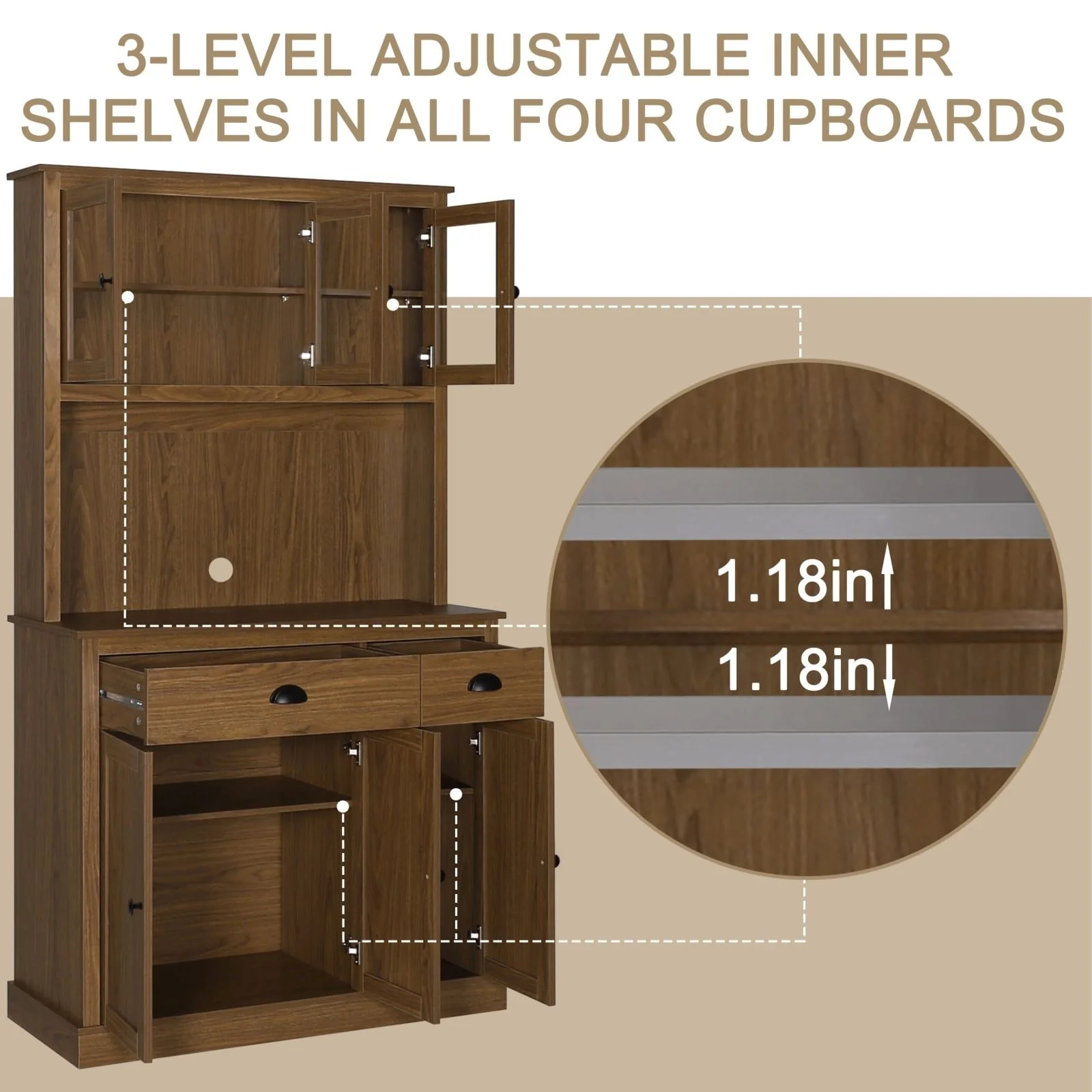 VEIKOUS Kitchen Pantry Storage Cabinet Cupboard with Framed Glass Door and Drawer