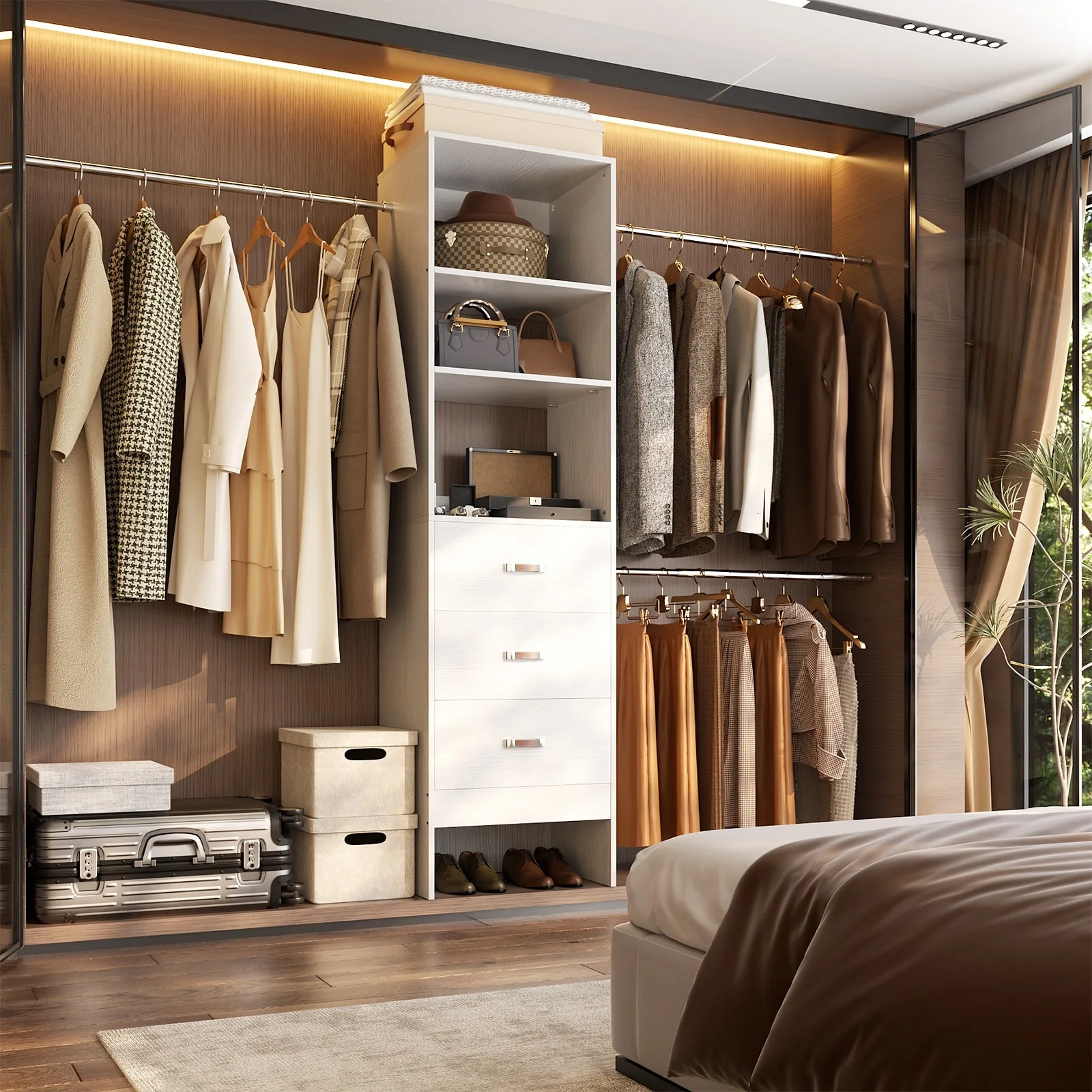 20.2'' - 96'' W Closet Organizer with Drawers, Closet System with Hanging Rods and Adjustable Shelves