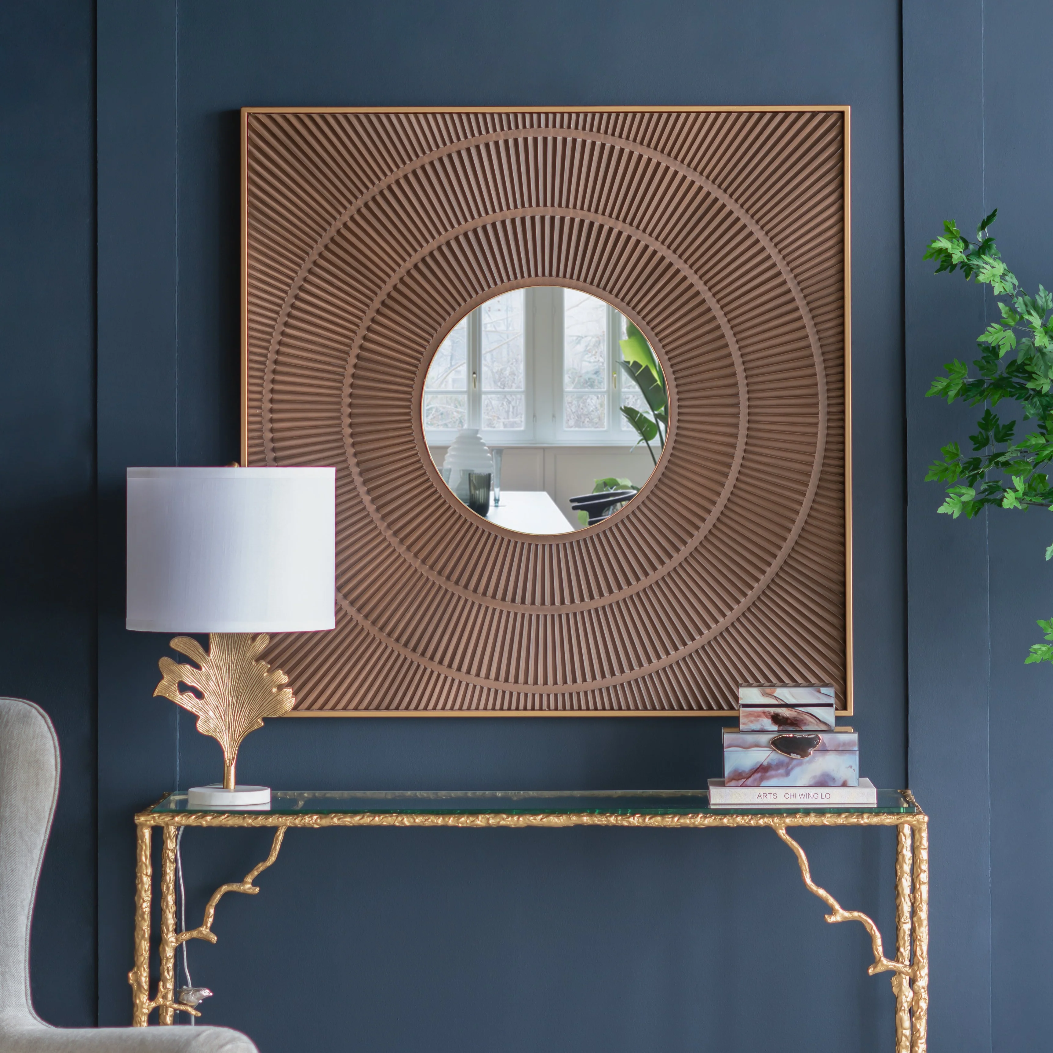Square Wall Mirror with Pleated Design and Iron Frame