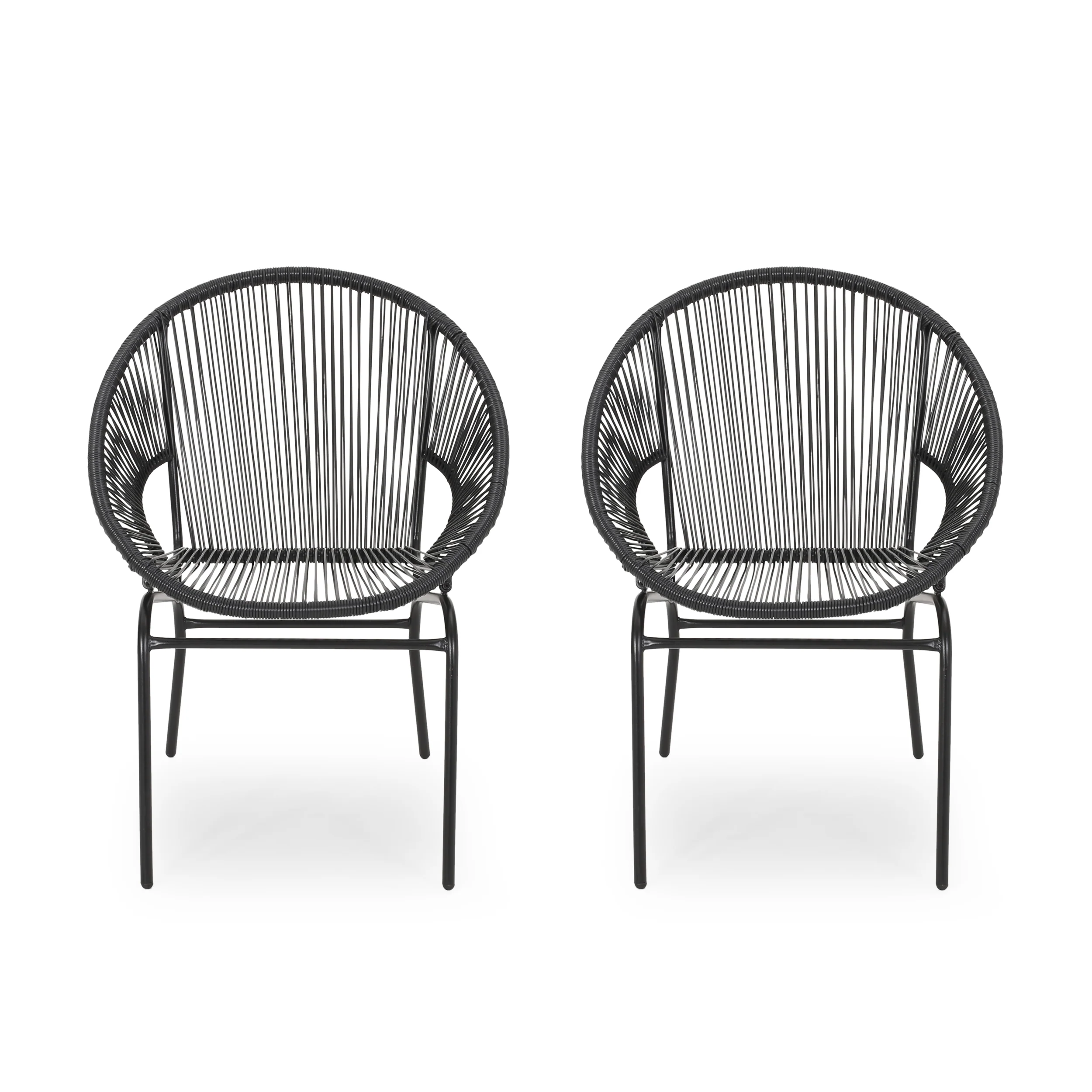 Vivianite Outdoor Wicker Chair with Iron Legs and Curved Frame, Set of 2
