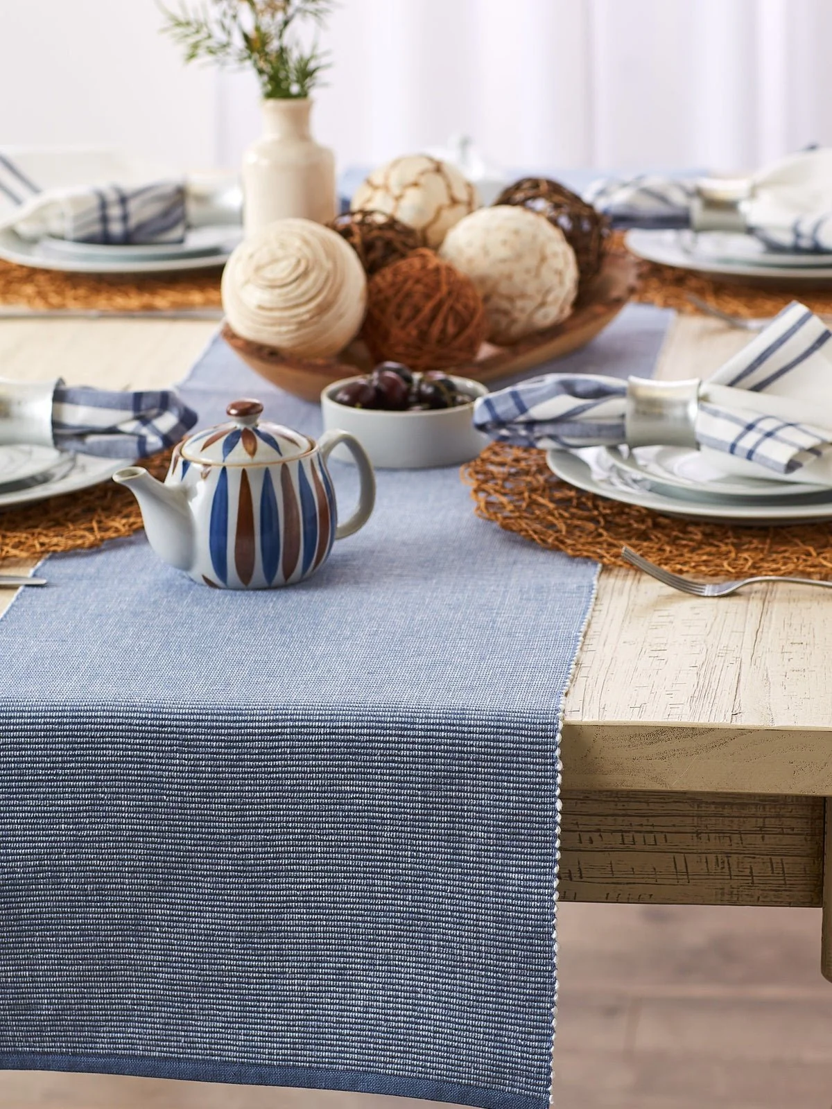 Stonewash Blue & White 2-Tone Ribbed 13X72 Table Runner