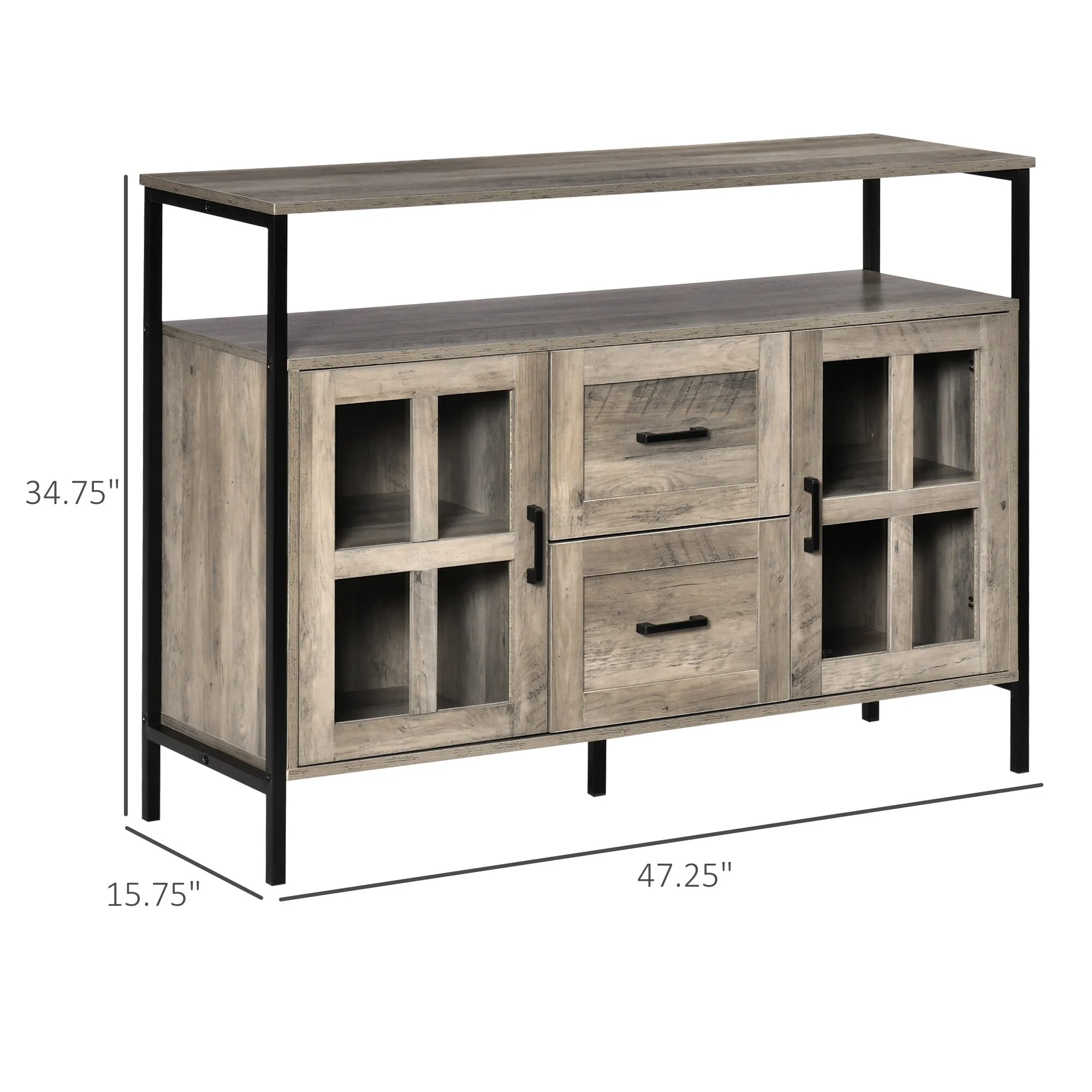 HOMCOM Rustic Kitchen Sideboard, Serving Buffet Cabinet with Adjustable Shelves, Glass Doors, and 2 Drawers