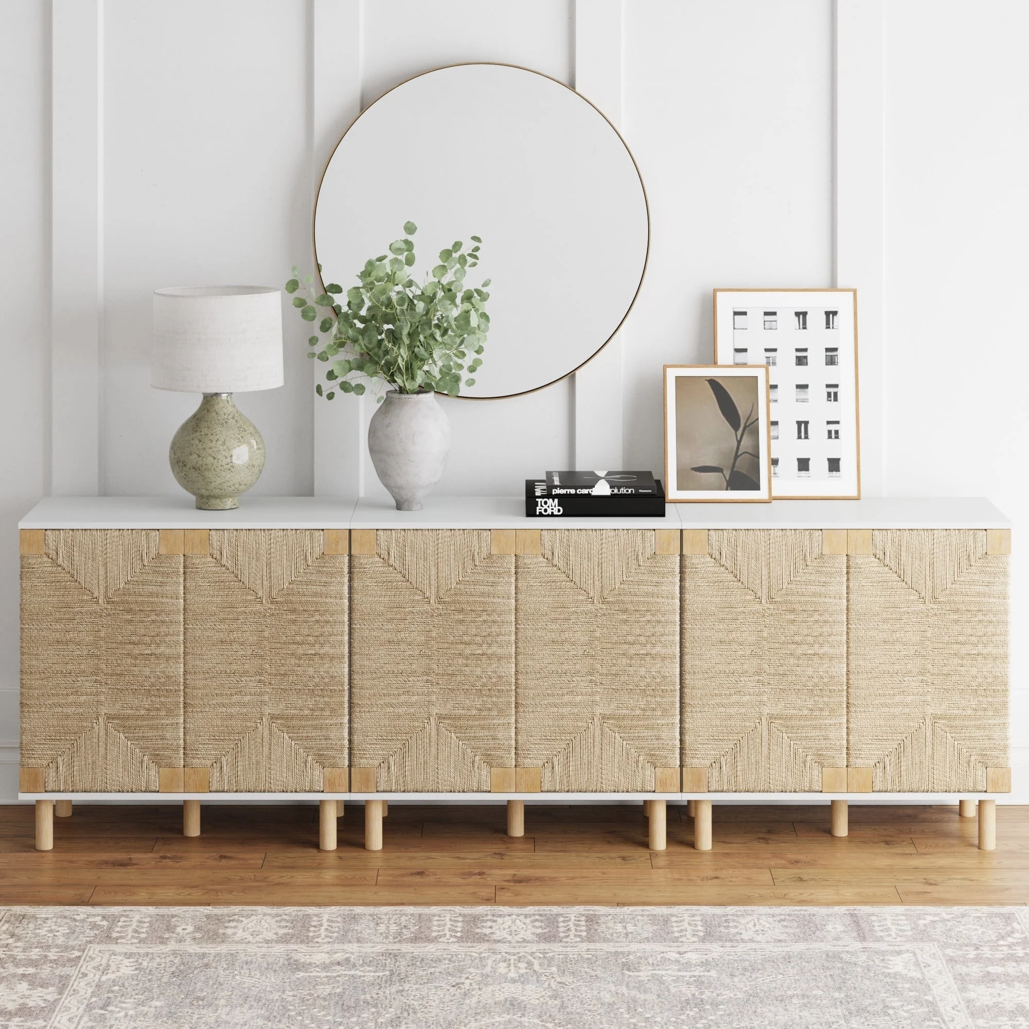 Nathan James Beacon Wood Accent Cabinet with Seagrass Doors and Adjustable Shelf