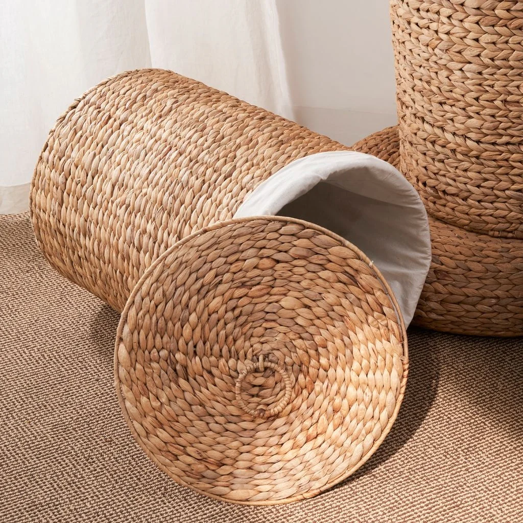 Ludmilla Round Tall Water Hyacinth Woven Wicker Laundry Hamper with Lid 15