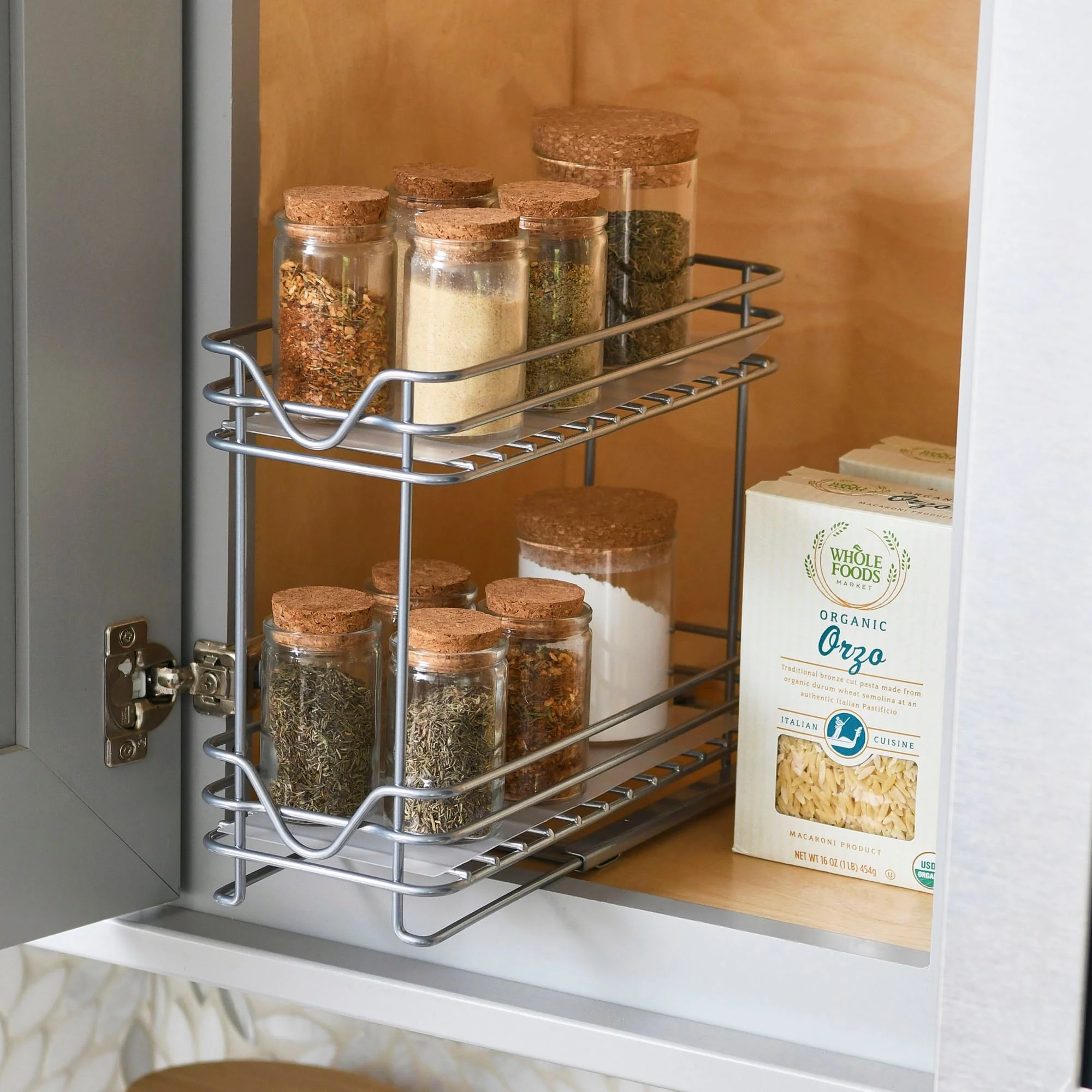 Household Essentials 2-Tier Brushed Nickel Spice Rack Organizer, Sliding Pantry Organizer