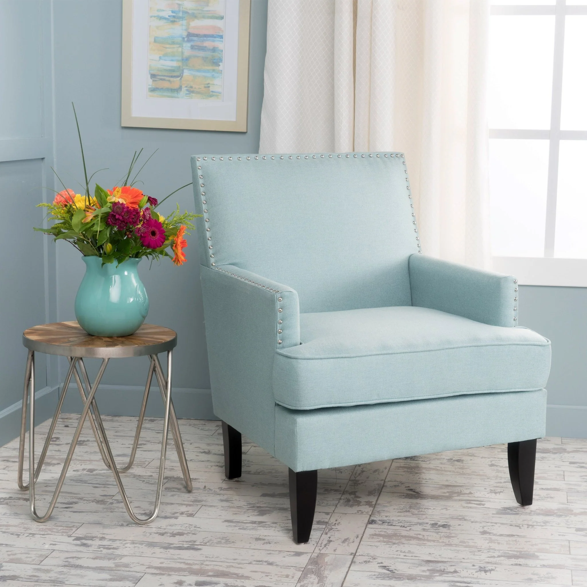 Serenada Upholstered Fabric Club Chair with Nailhead Trim and Tapered Birch Legs