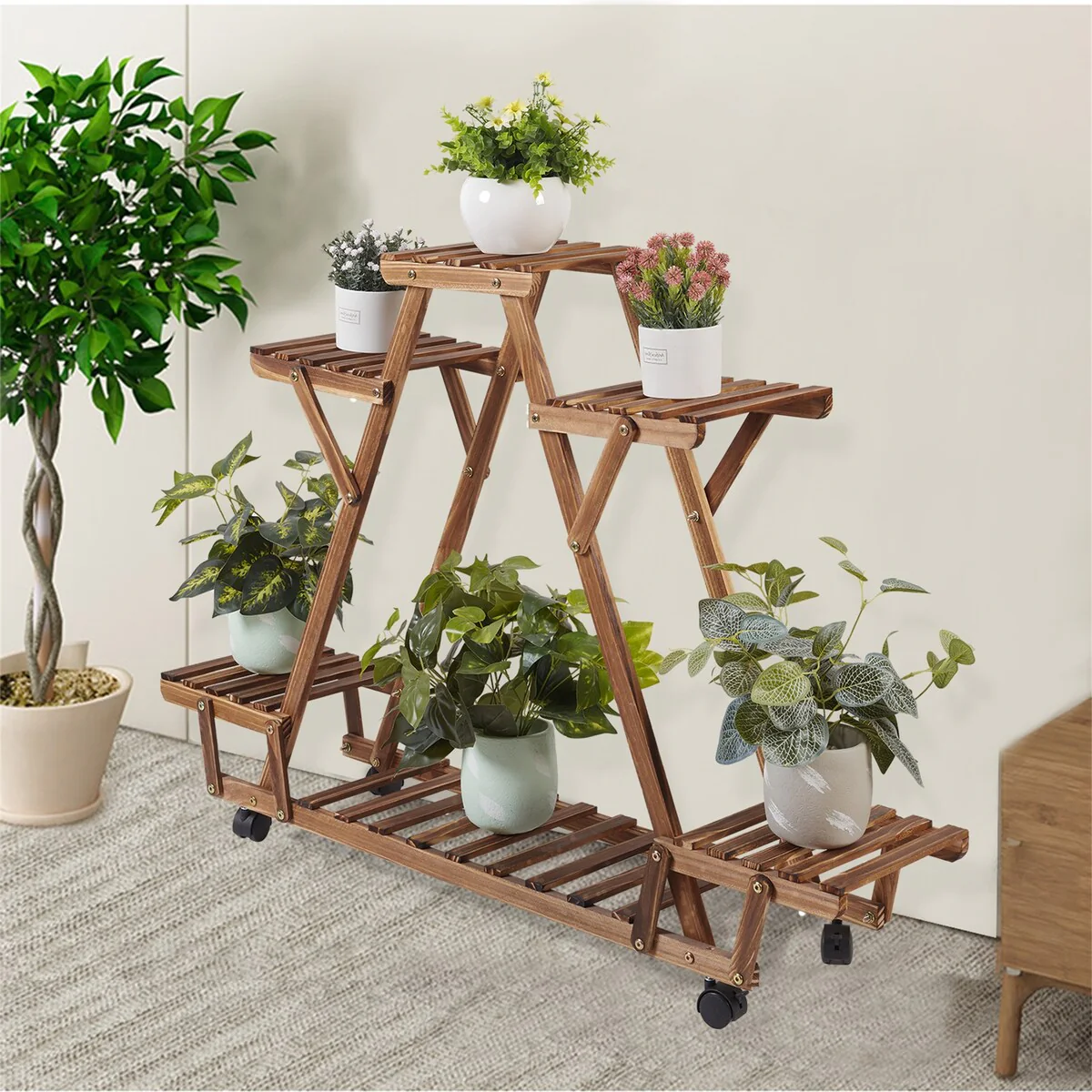 Movable Outdoor Ladder Plant Stand Garden Wood Rack with 6 Tiers