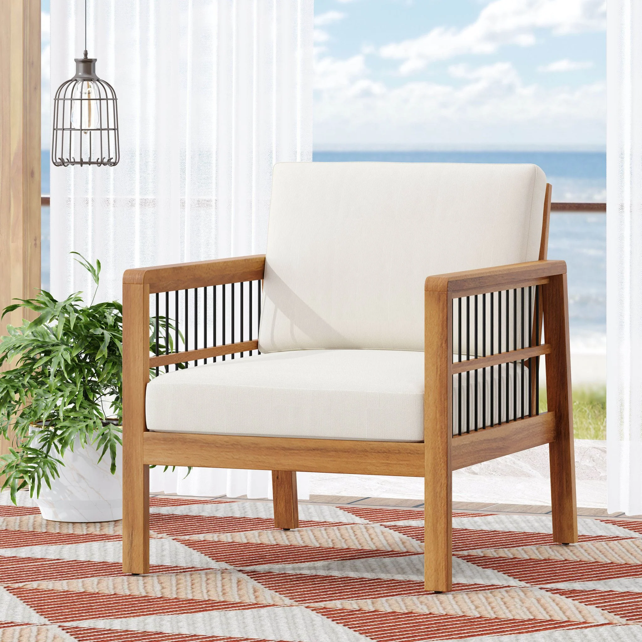 Acacia Wood Club Chair with Slat Panel Design