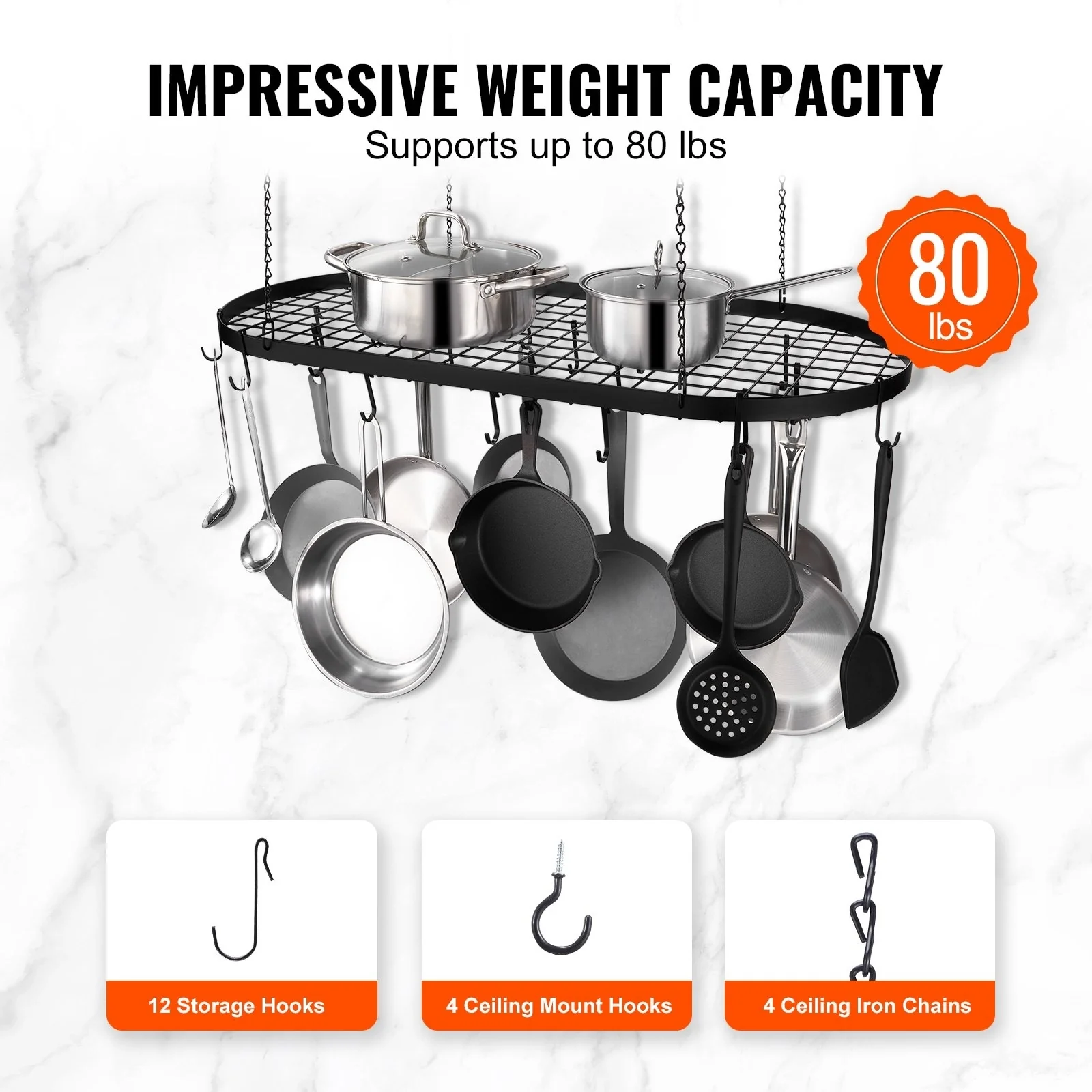 Black Carbon Steel Ceiling Mounted Hanging Pot Rack with S Shaped Hooks Ideal for Home or Restaurant