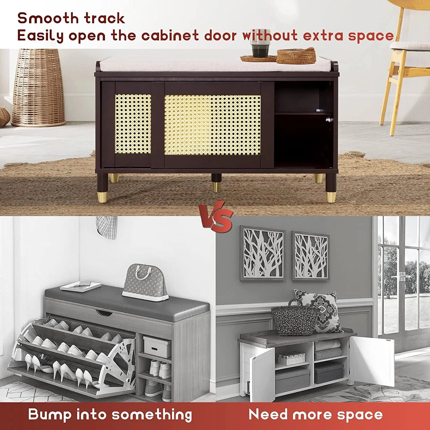 Shoe Storage Bench Cabinet Rattan Style Shoe Cabinet for Entryway