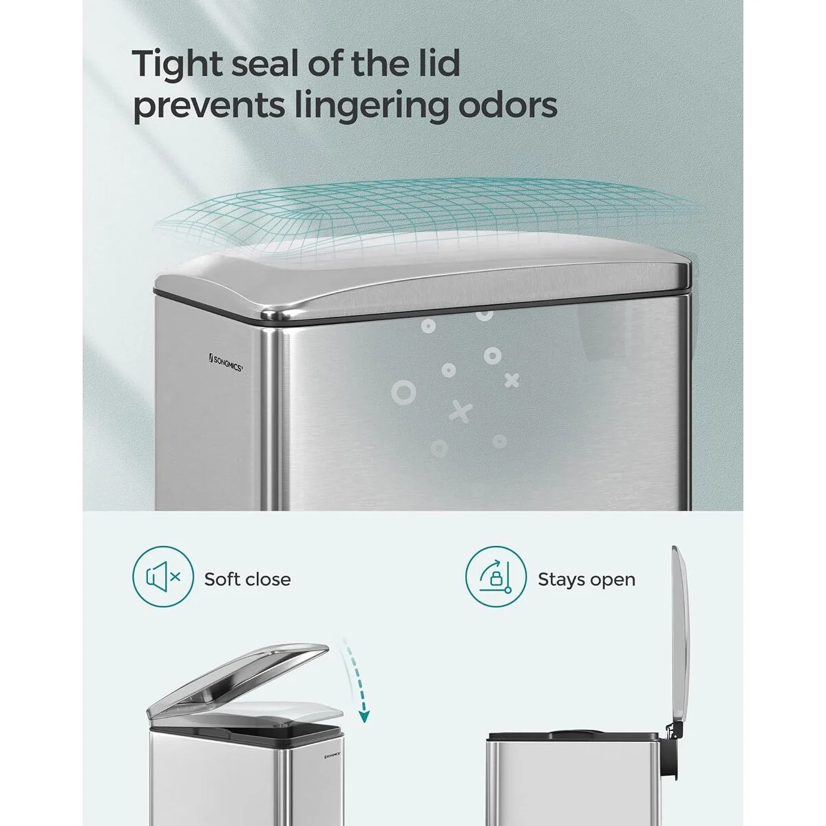 SONGMICS 12.7 Gallon Garbage Can for Narrow Spaces, Silver