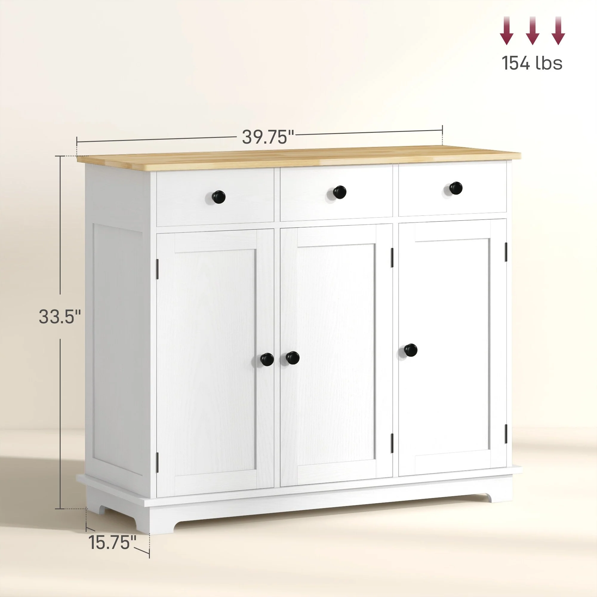 HOMCOM Sideboard with Solid Wood Countertop, Modern Kitchen Storage Cabinet, Coffee Bar Cabinet with 3 Drawers