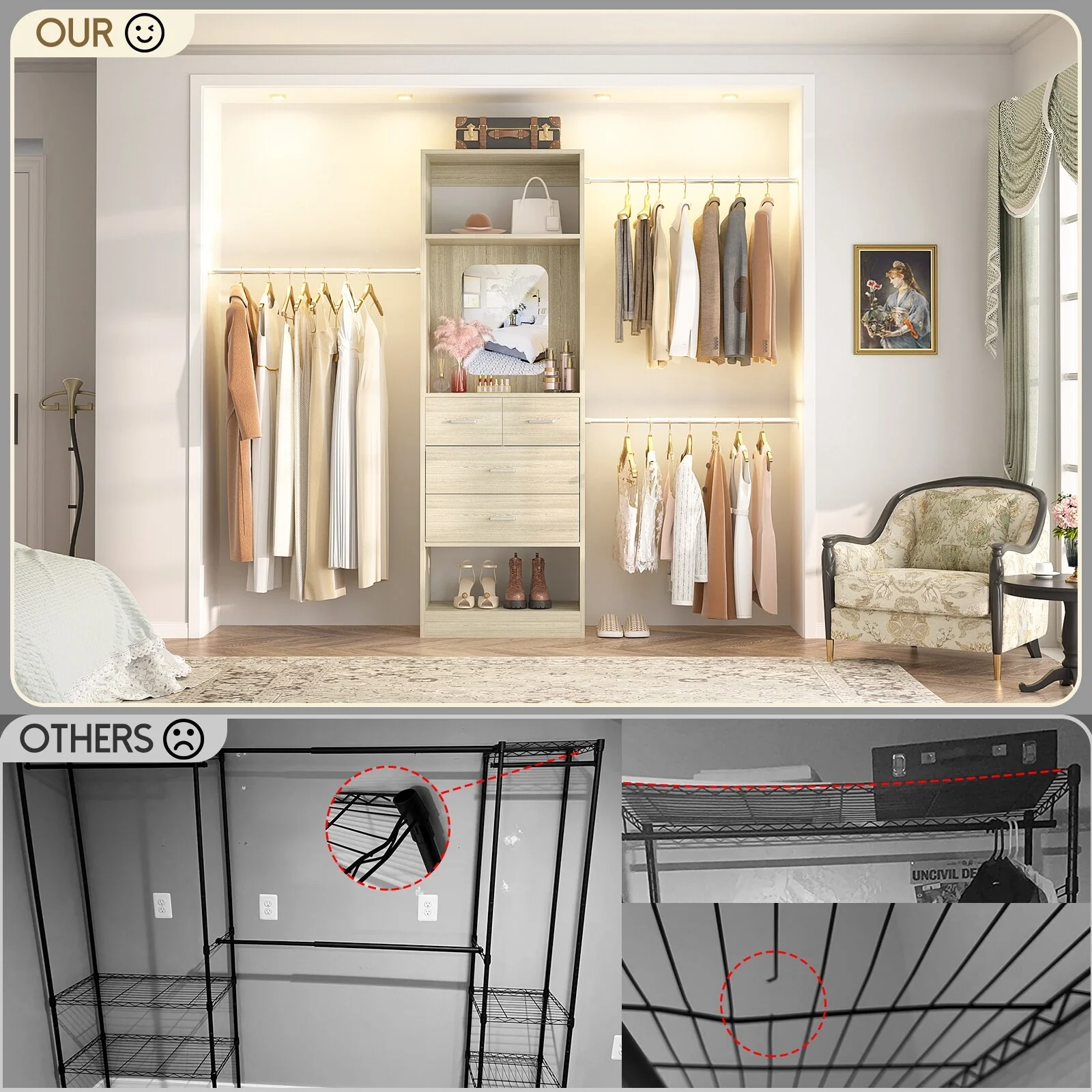 96'' W Closet System with Mirror, 8FT Walk-in Closet Organizer Kits with 4 Wooden Drawers ＆ 3 Extendable Hanging Rods