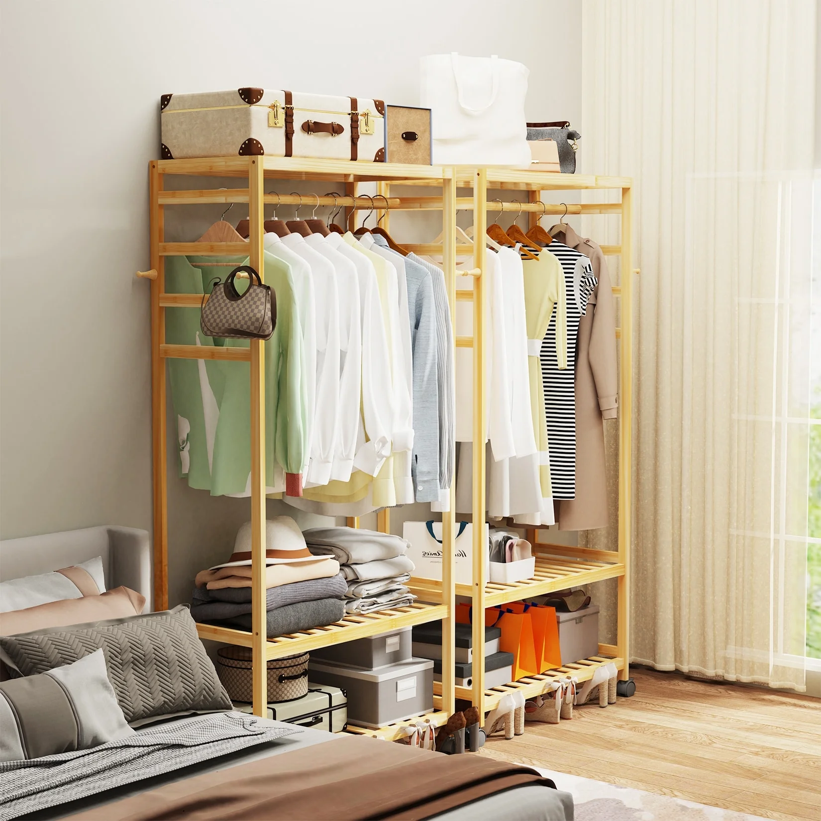 Clothes Rack Bamboo Garment Rolling Rack with Side Hooks
