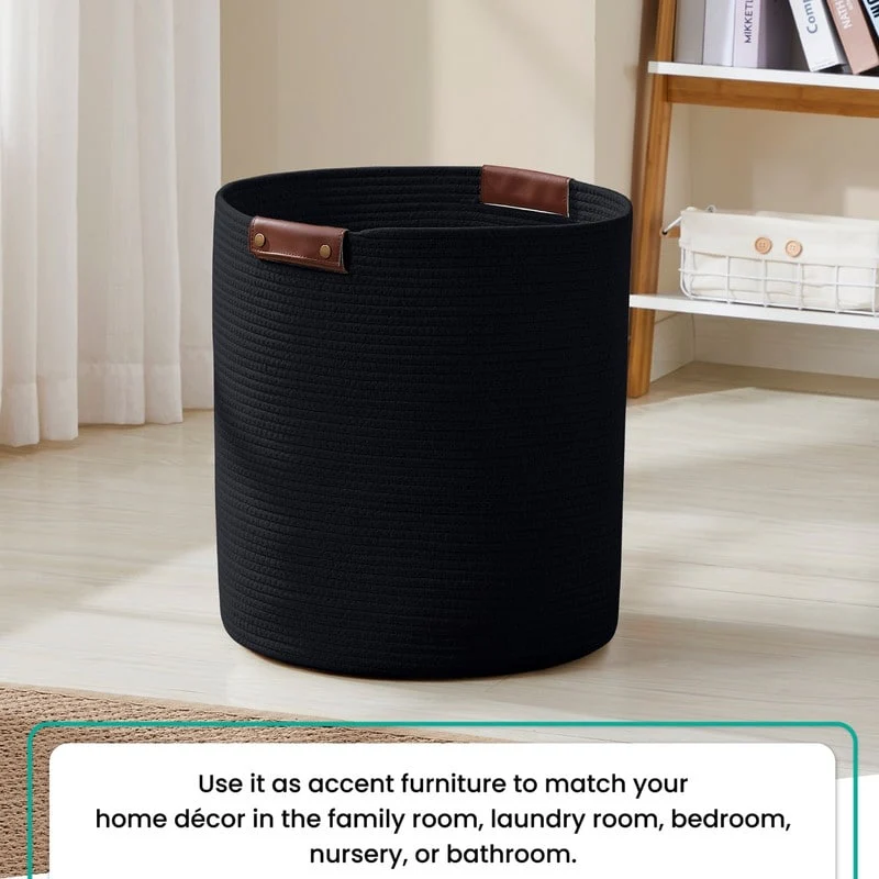 Large Cotton Rope Storage Basket Laundry Hamper Woven Basket with Leather Handles -16 x 18 - 16