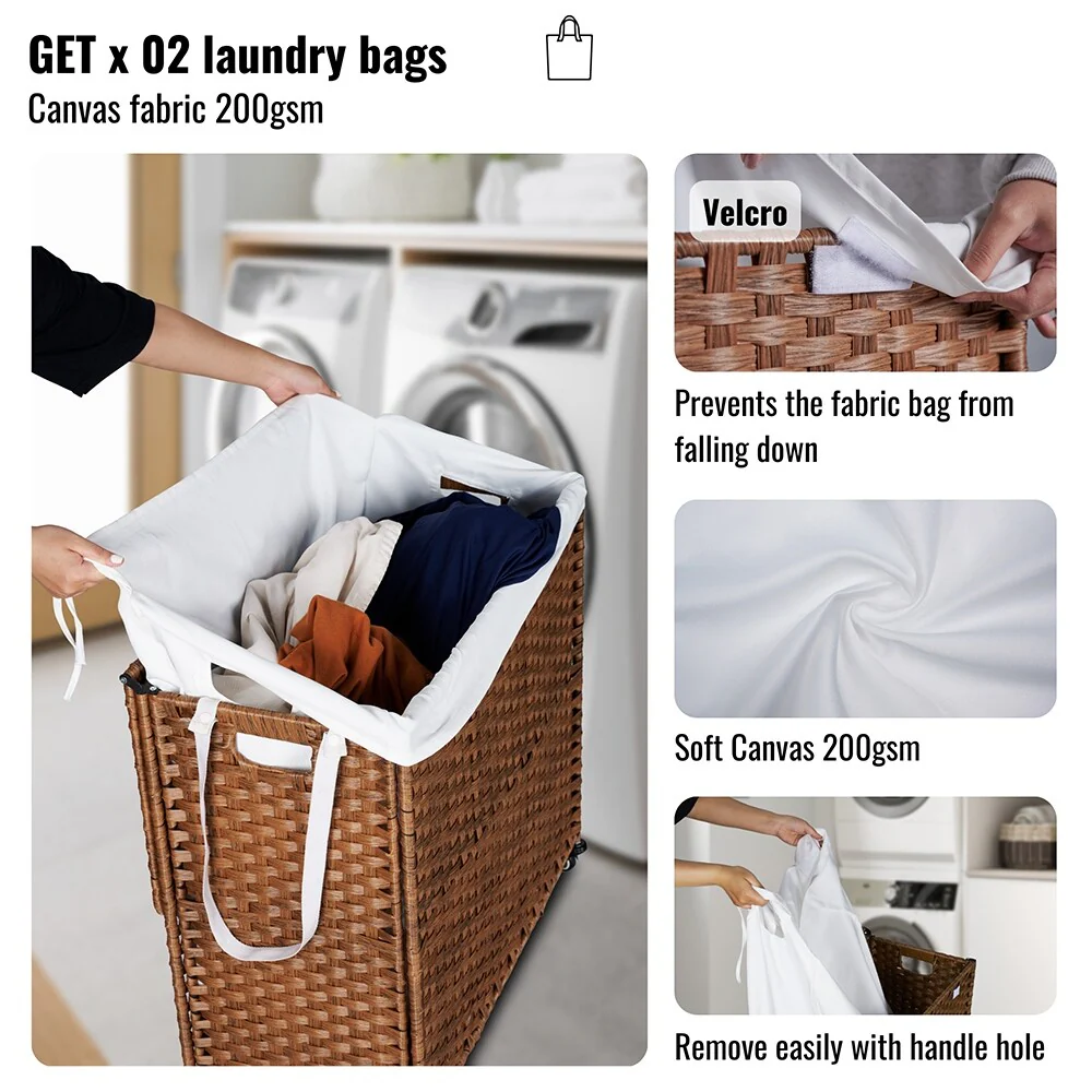 Laundry Hamper with Wheels, 160L Rattan Hampers & 2 Removable Liner Bags, Laundry Basket with Lid - 27