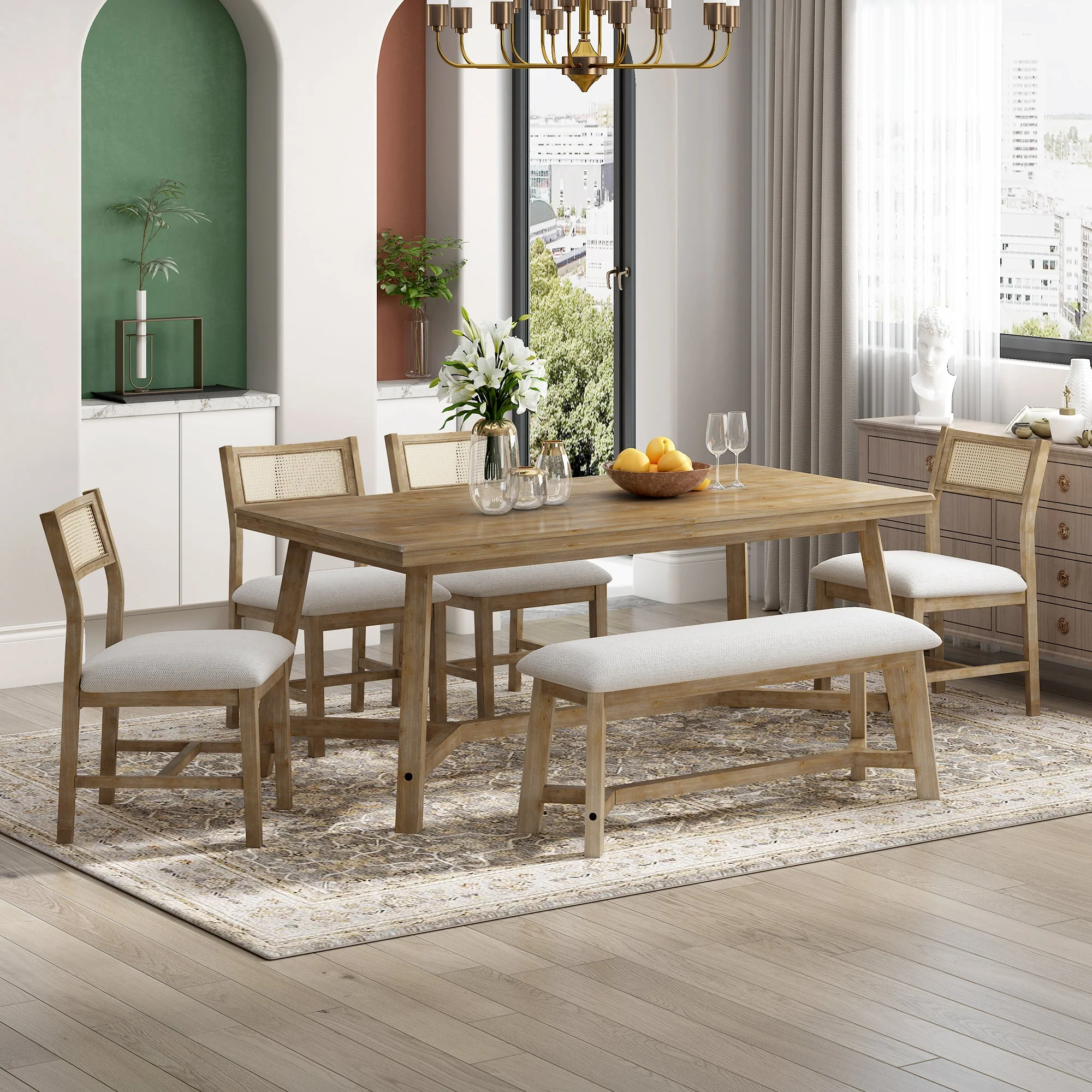 6-Piece Dining Set with Rectangular Table and 4 Upholstered Chairs