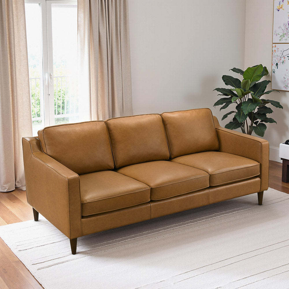 Cooper Mid Century Modern Tan Leather Sofa