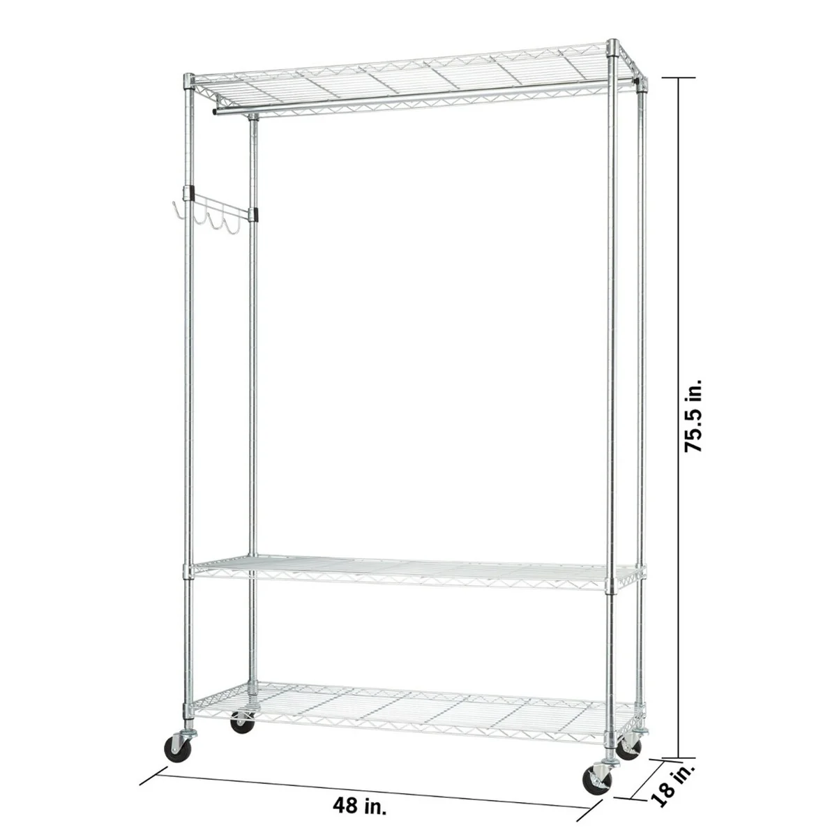 TRINITY EcoStorage® 3-Tier 48x18x75.5 Rolling Garment Rack, Chrome
