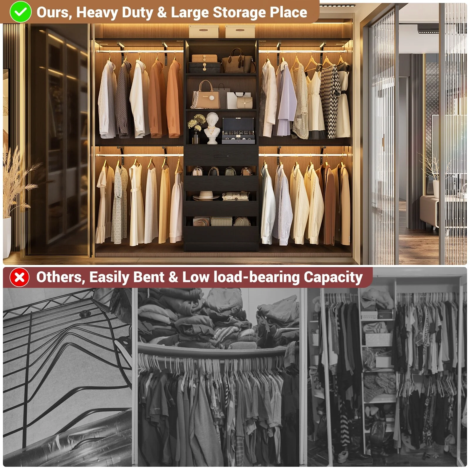 Rackcog 96'' Closet System with 4 Drawers and 4 Hanging Rods, 8FT Wood Closet Organizer for Walk-in Closet