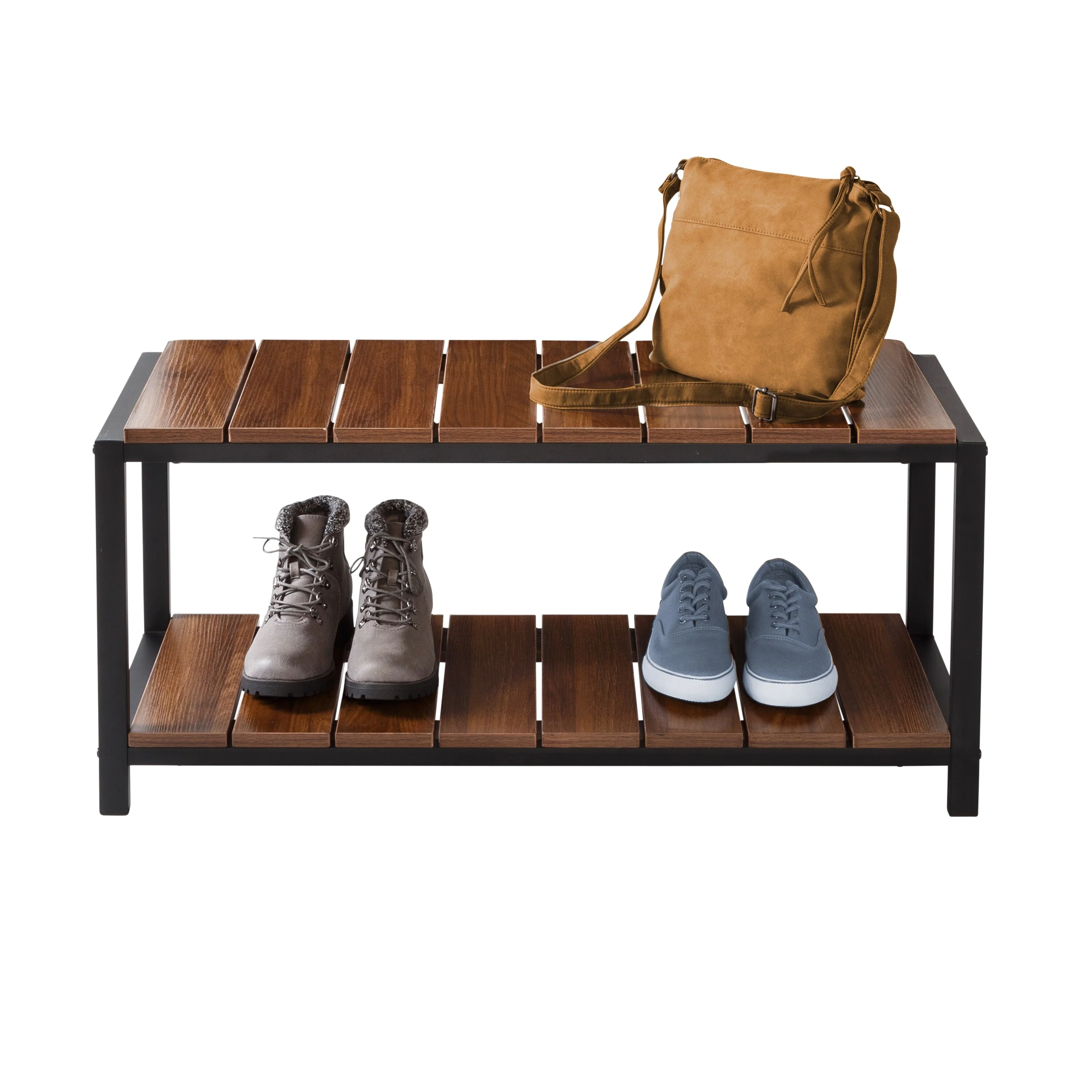 Honey-Can-Do Walnut/Black 2-Tier Entryway Shoe Bench