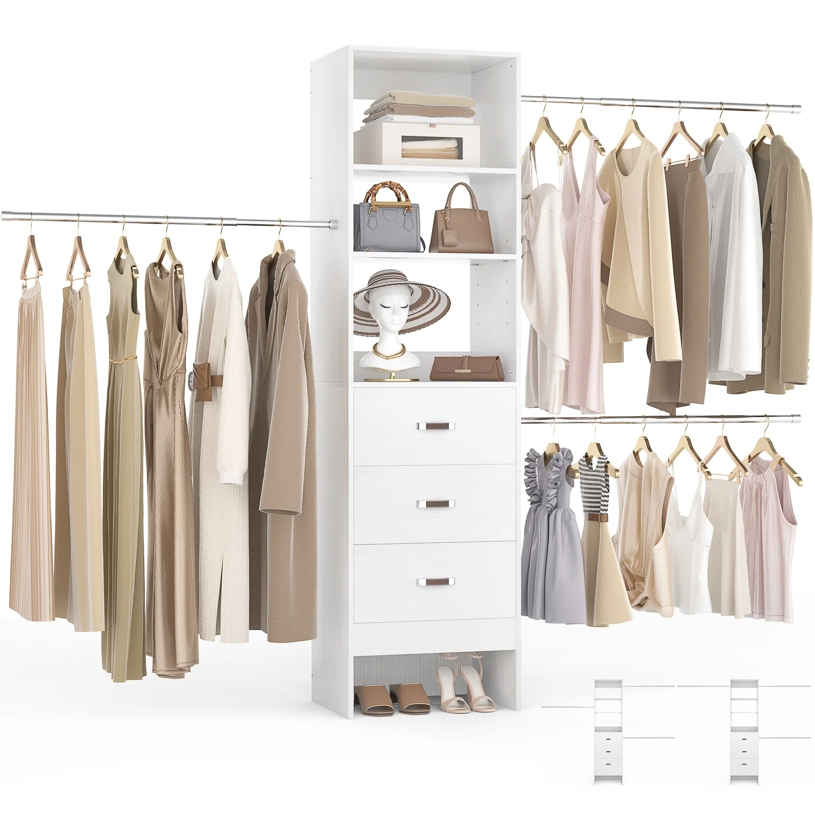 20.2'' - 96'' W Closet Organizer with Drawers, Closet System with Hanging Rods and Adjustable Shelves