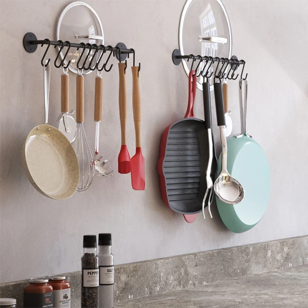 Wallniture Cucina Kitchen Utensil Holder with 20 S Hooks, Pot Racks, Black (Set of 2)