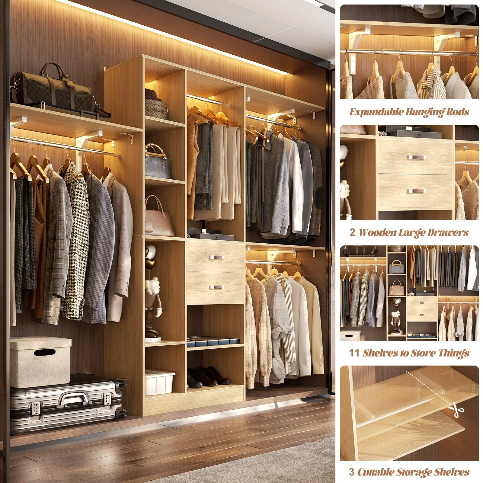 31.5'' to 96'' W Closet Organizer System with Drawers and Tower Shelves for Reach-in and Walk-in Closet