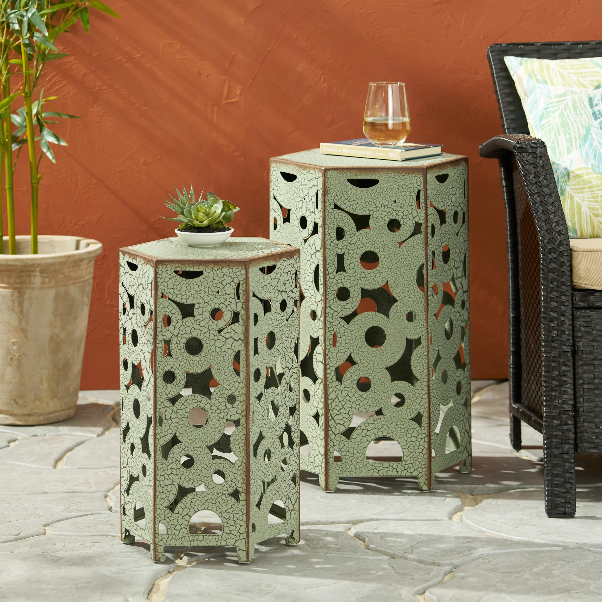 Wistfulness Outdoor Accent Table with Crackle Pattern and Iron Frame, Set of 2